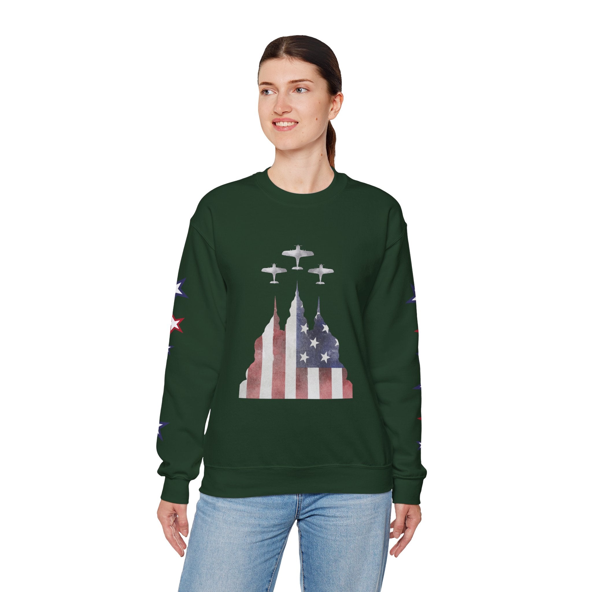 American Flag Castle Crewneck Sweatshirt — Patriotic Stars Sleeve Pullover