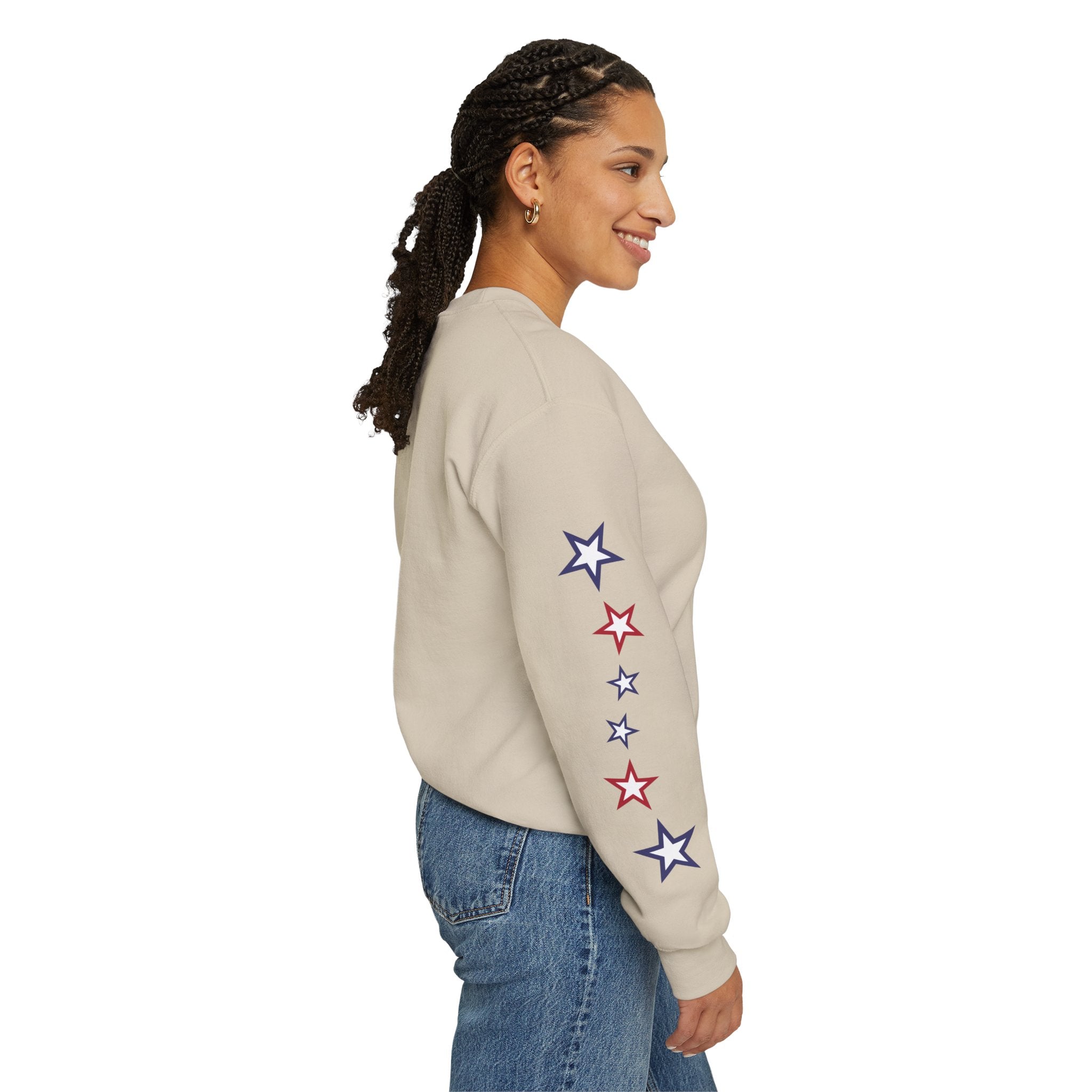 American Flag Castle Crewneck Sweatshirt — Patriotic Stars Sleeve Pullover