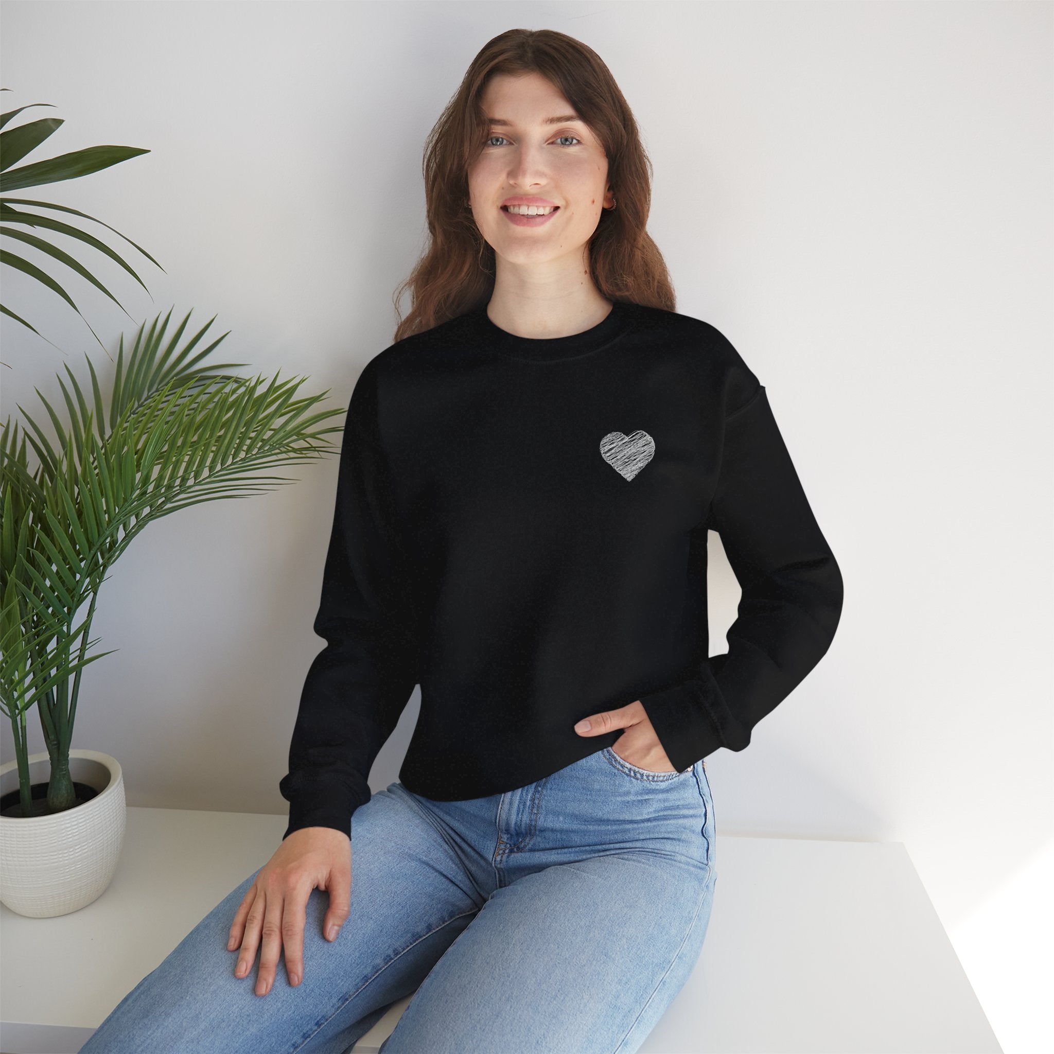 White Crewneck Sweatshirt with Small Gray Heart Chest Design