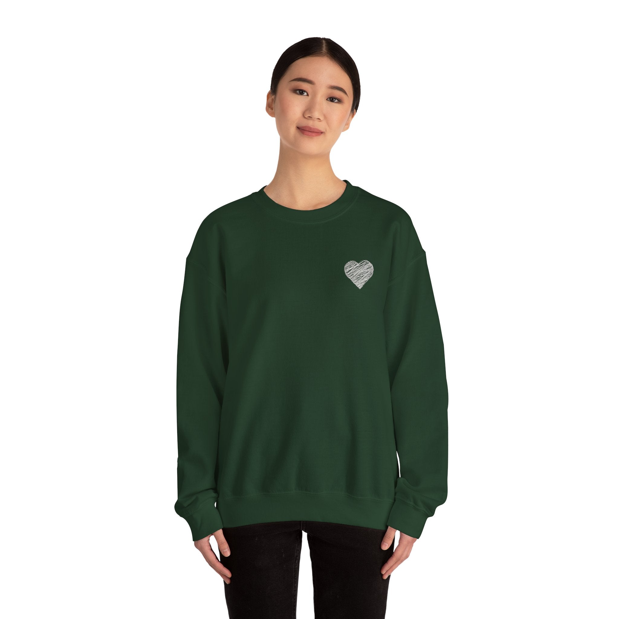 White Crewneck Sweatshirt with Small Gray Heart Chest Design