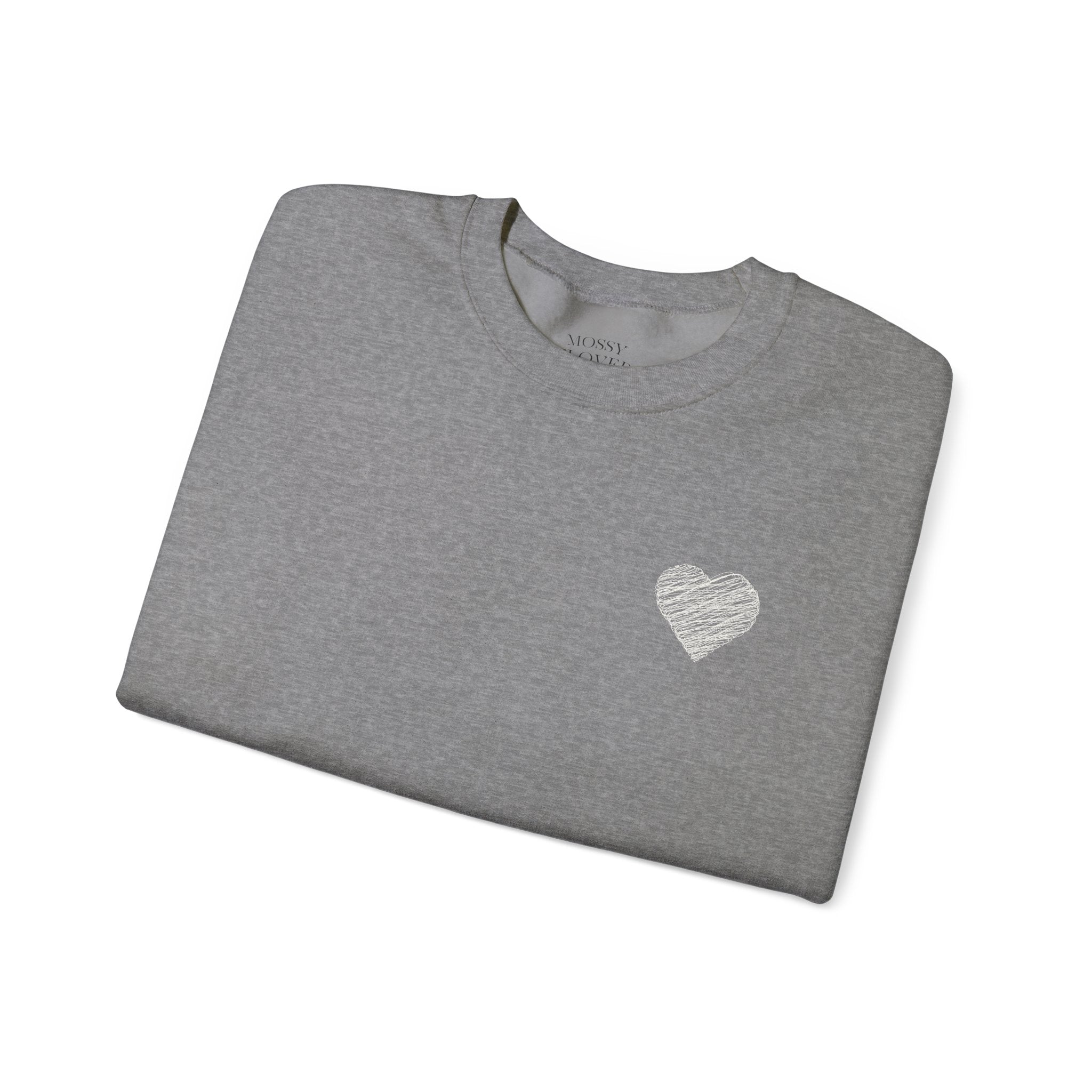 White Crewneck Sweatshirt with Small Gray Heart Chest Design