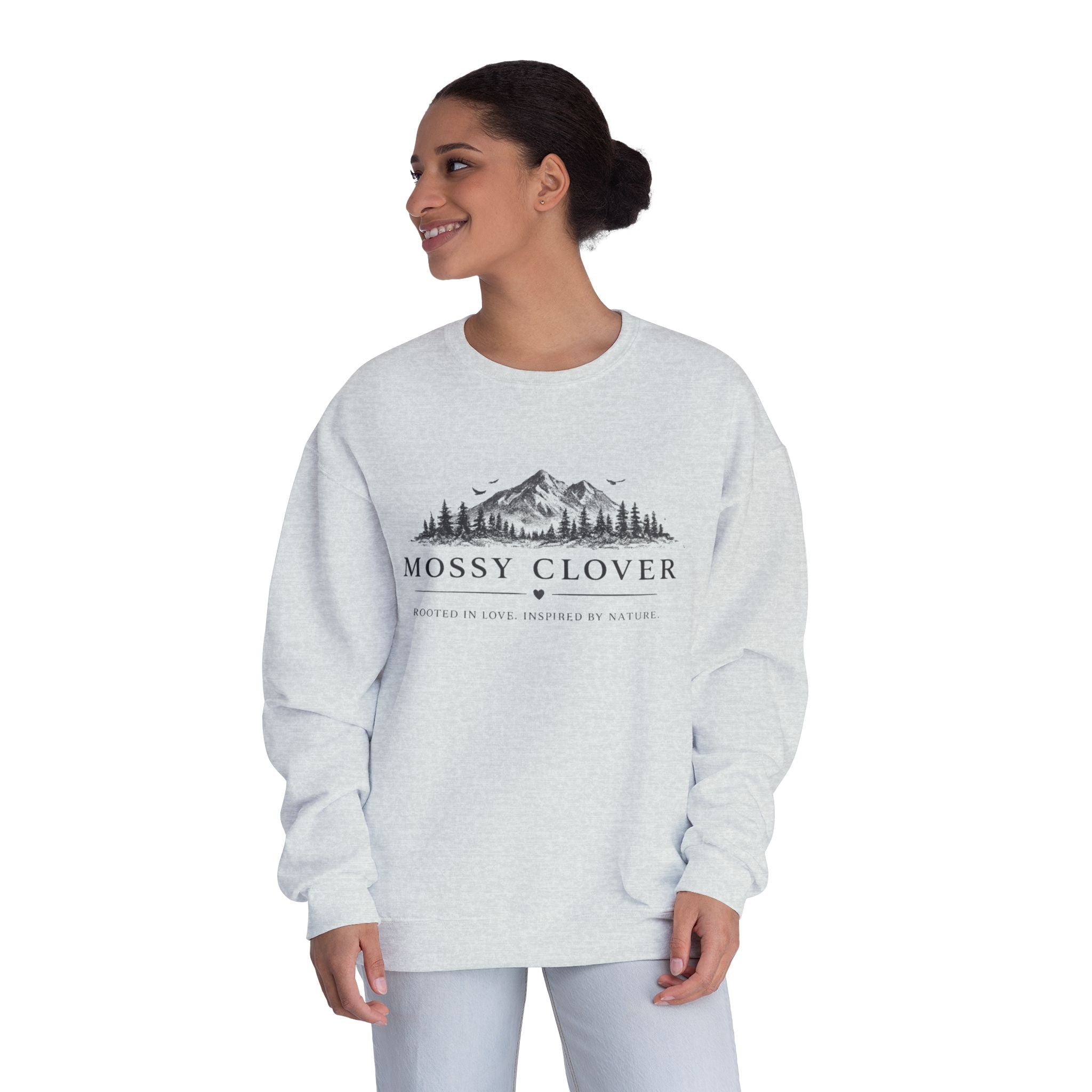 Mossy Clover Mountain Crewneck Sweatshirt — Rustic Nature Graphic Pullover