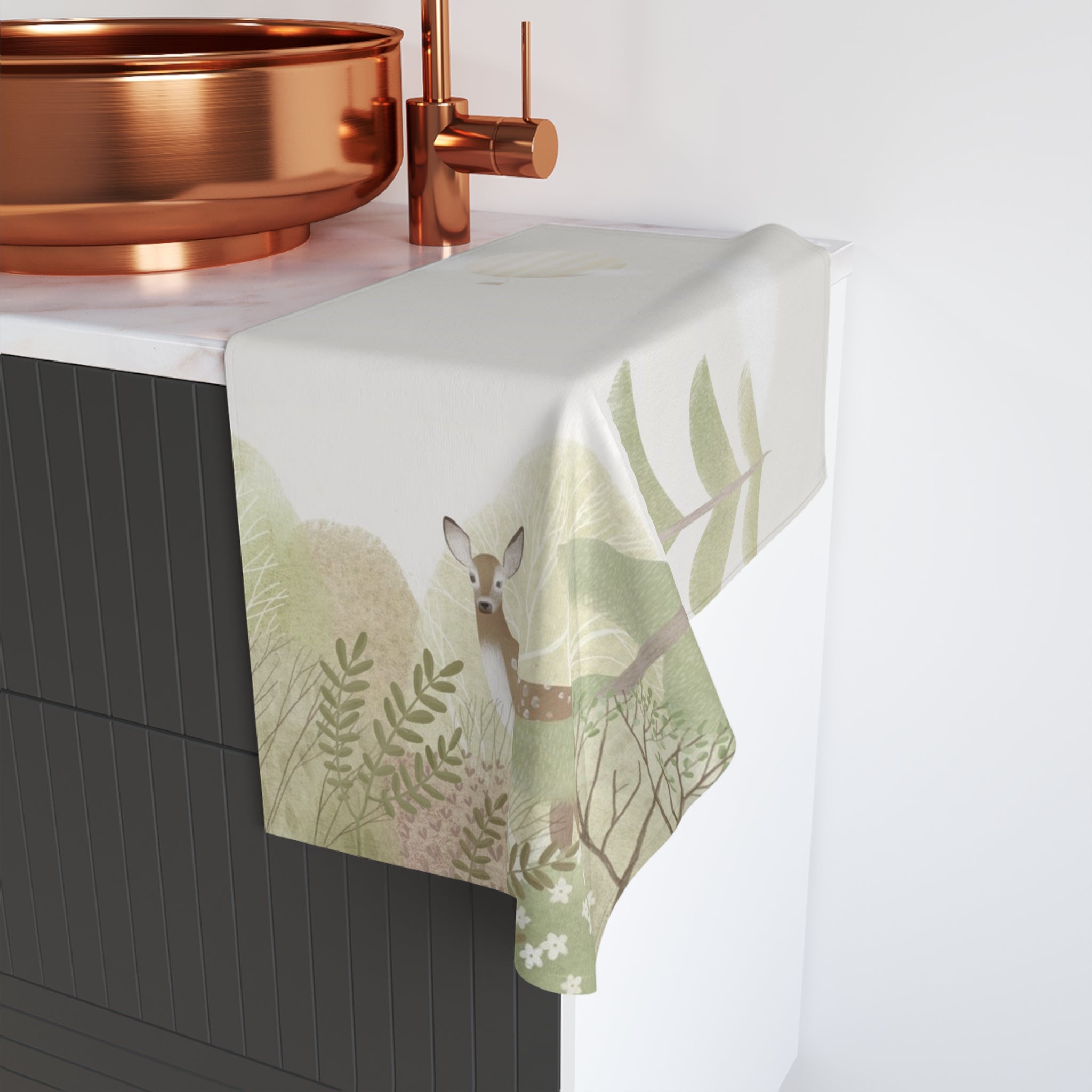 Woodland Fawn Hand Towel — Soft Botanical Deer Design