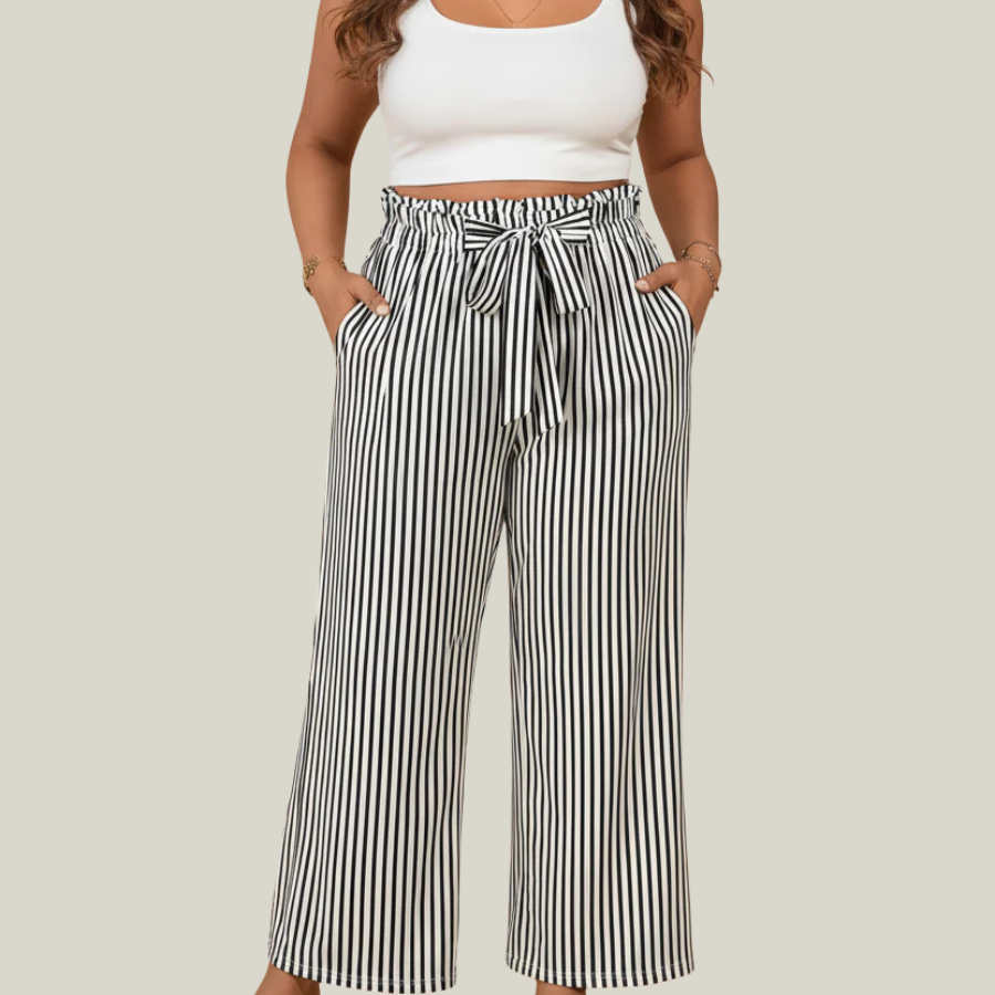 Plus Size Stripe Tie Waist Straight Pants