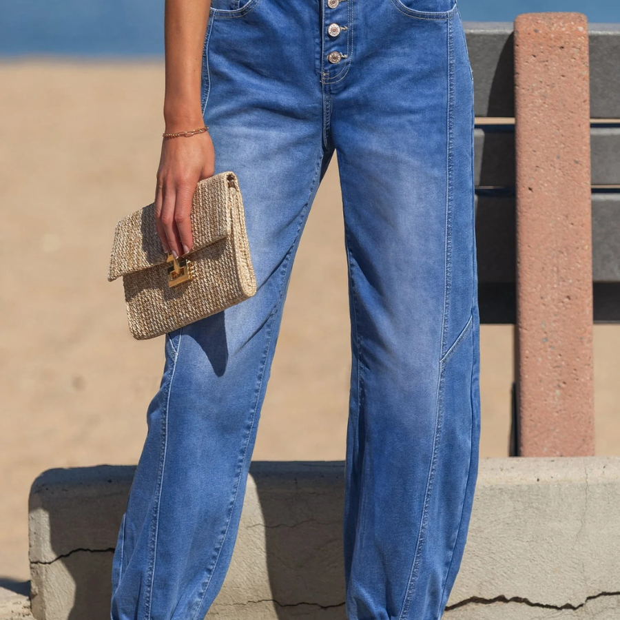 Denim Buttoned Fly Tapered Barrel Leg Jeans