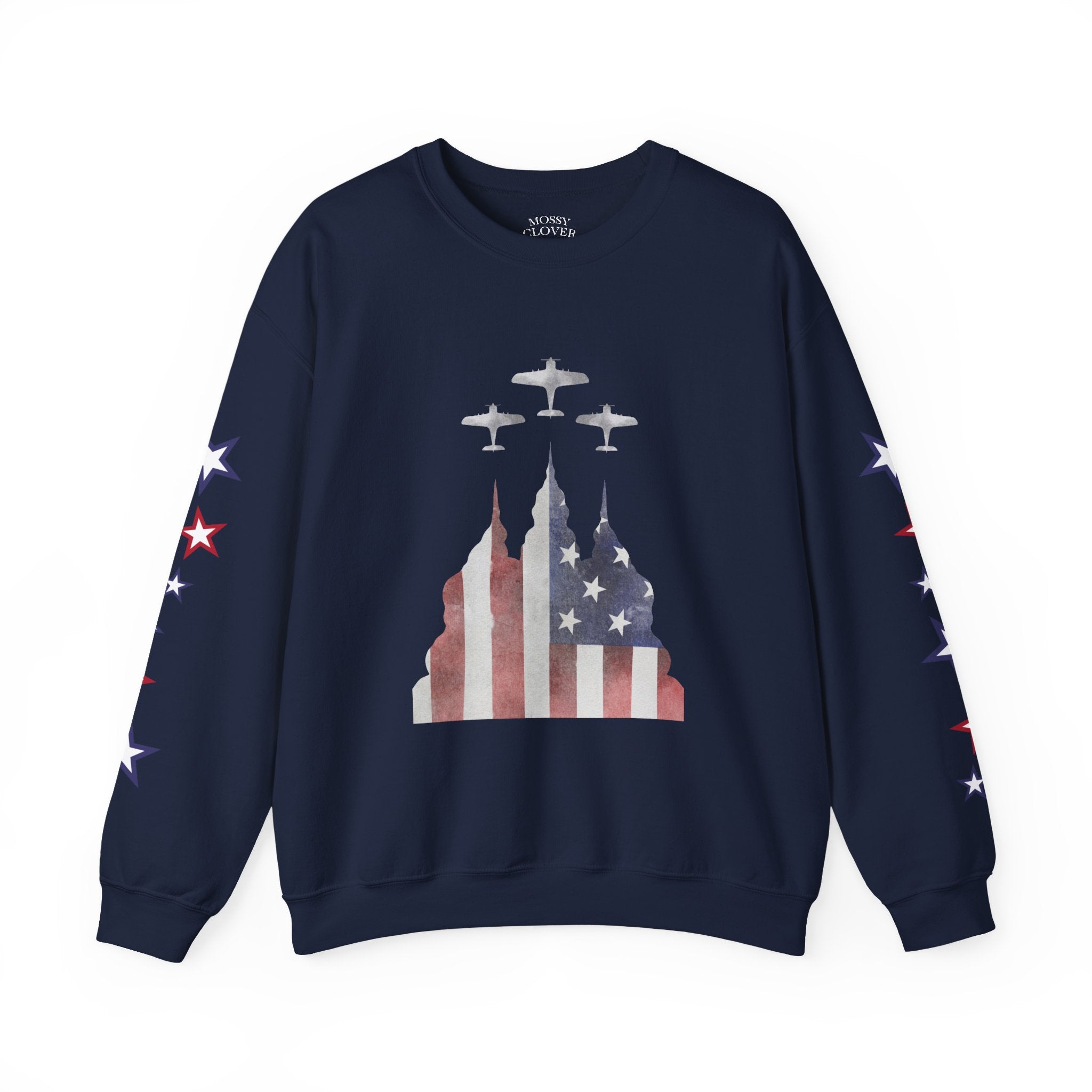 American Flag Castle Crewneck Sweatshirt — Patriotic Stars Sleeve Pullover