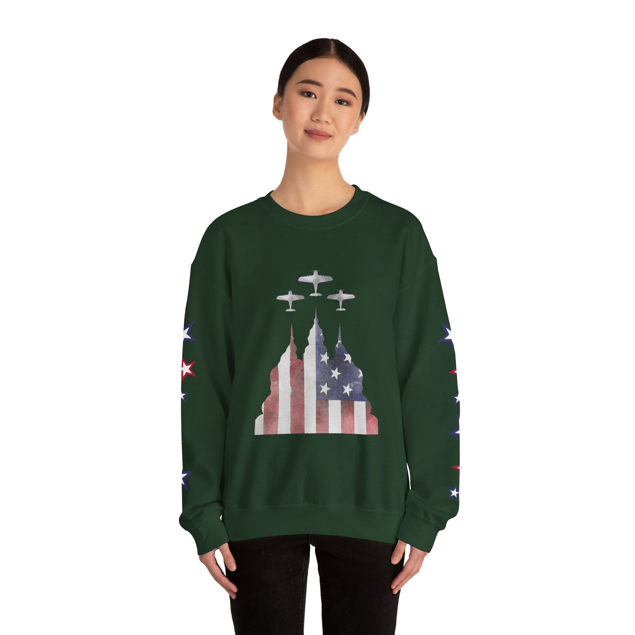 American Flag Castle Crewneck Sweatshirt — Patriotic Stars Sleeve Pullover