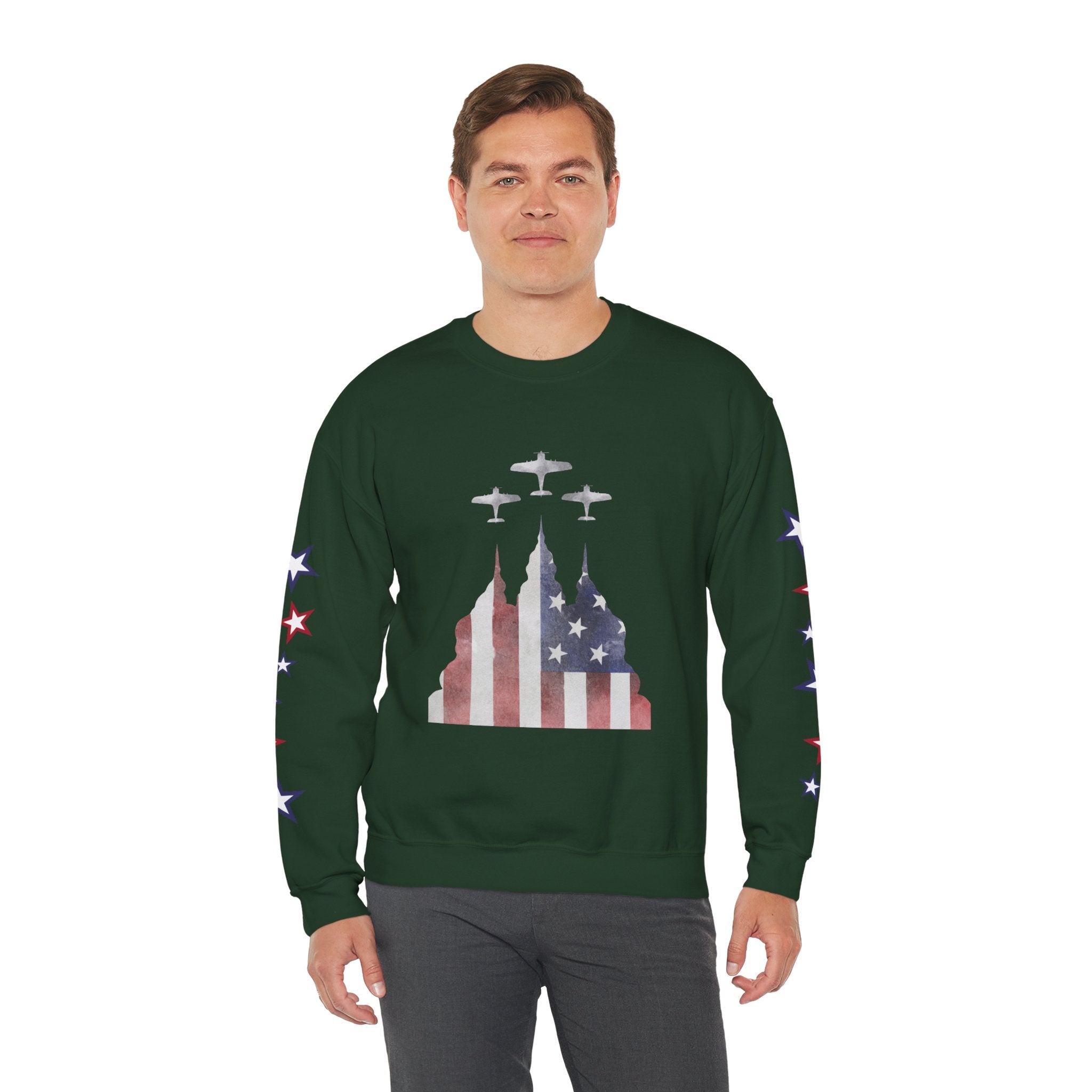 American Flag Castle Crewneck Sweatshirt — Patriotic Stars Sleeve Pullover