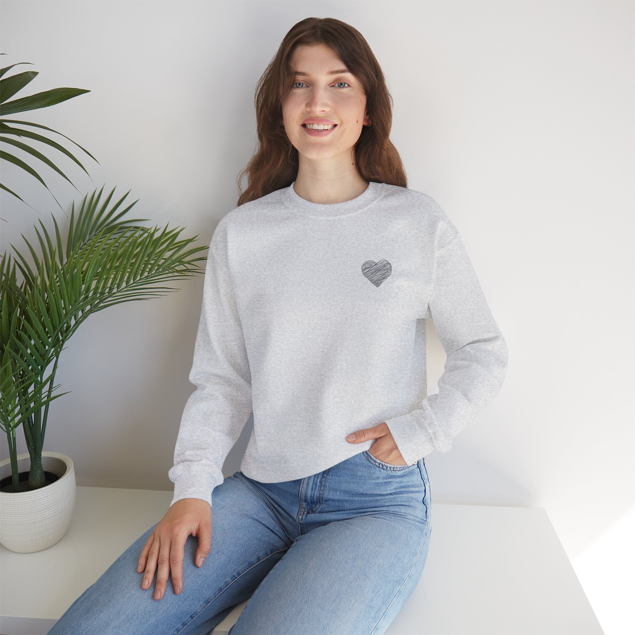 White Crewneck Sweatshirt with Small Gray Heart Chest Design