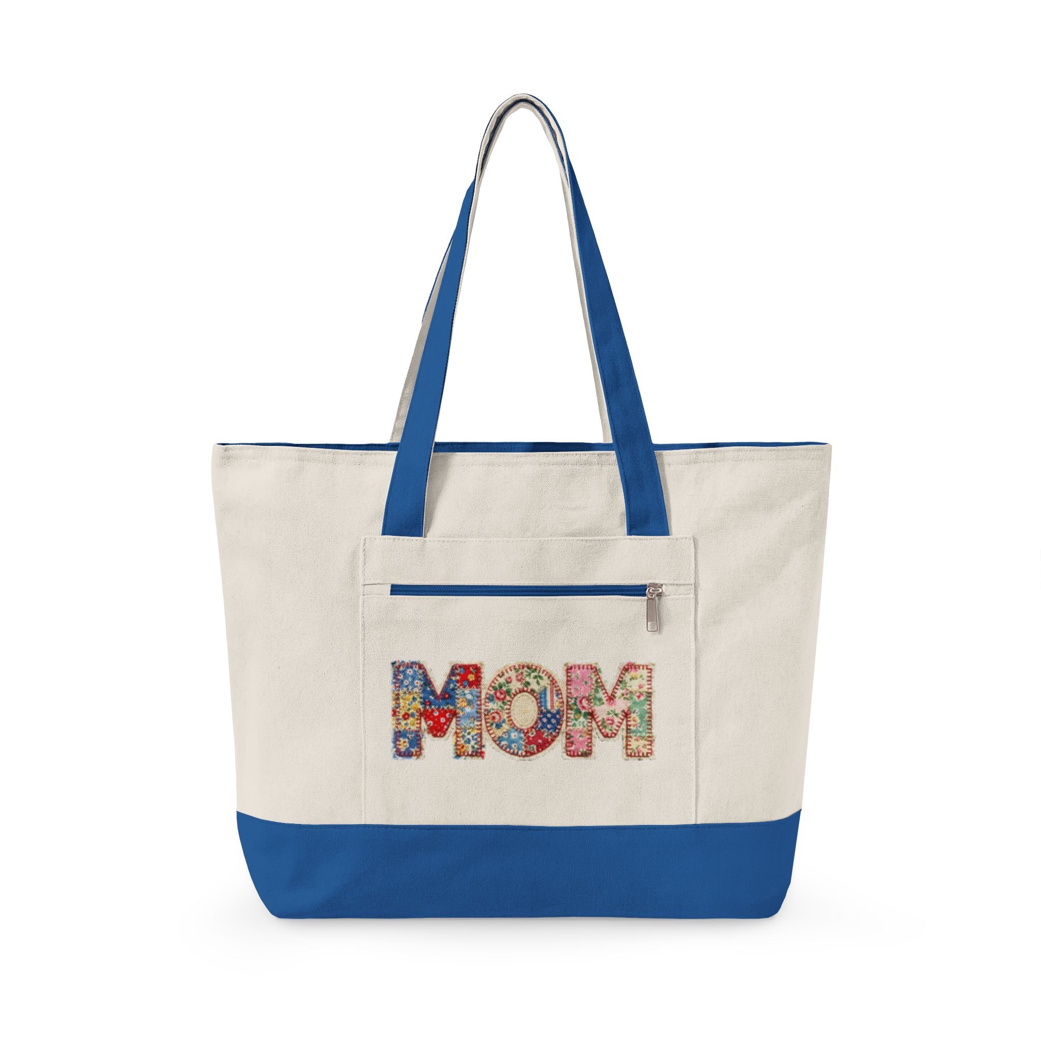 'Mom' Quilted Zippered Canvas Tote Bag – Durable Mom Bag for Mother's Day