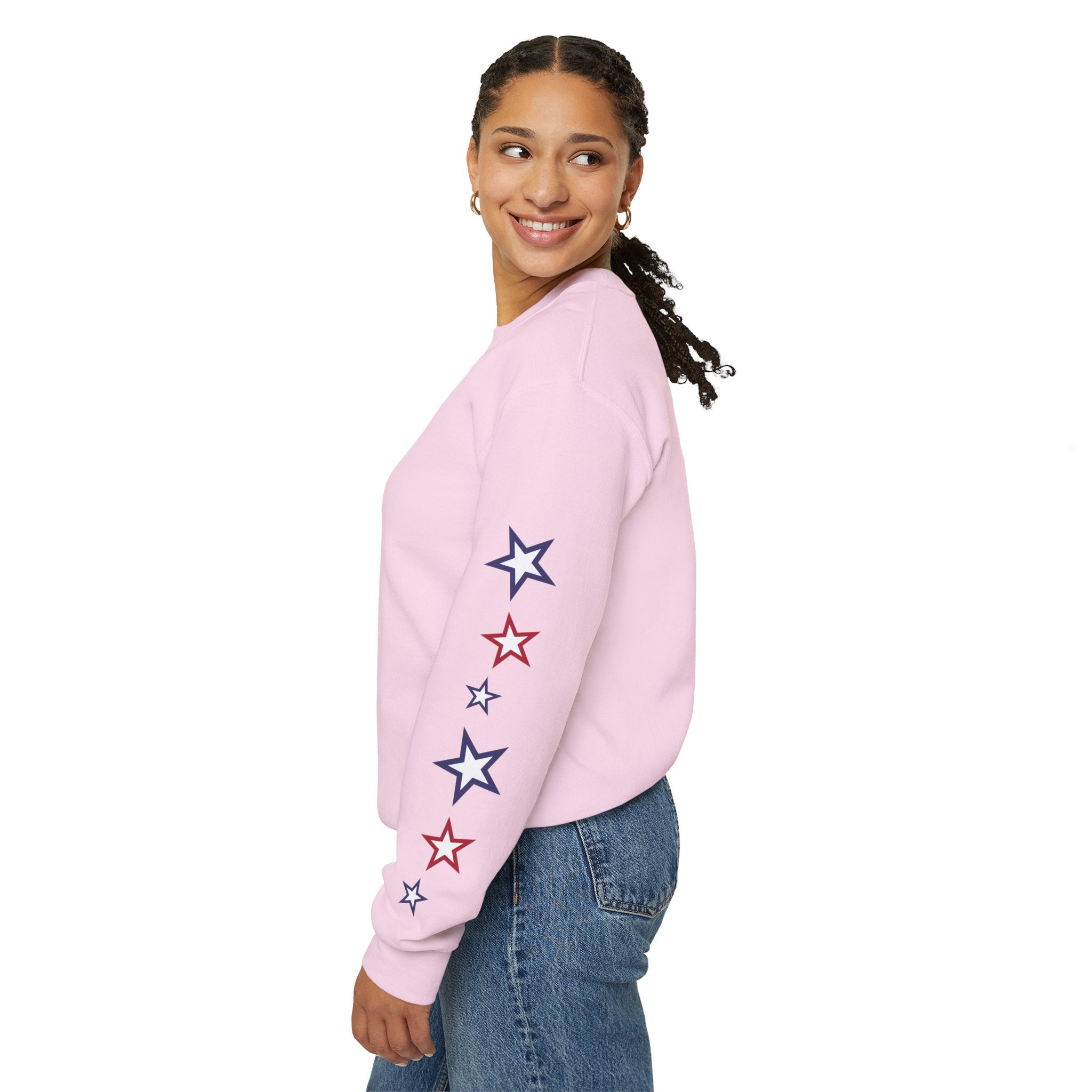 American Flag Castle Crewneck Sweatshirt — Patriotic Stars Sleeve Pullover