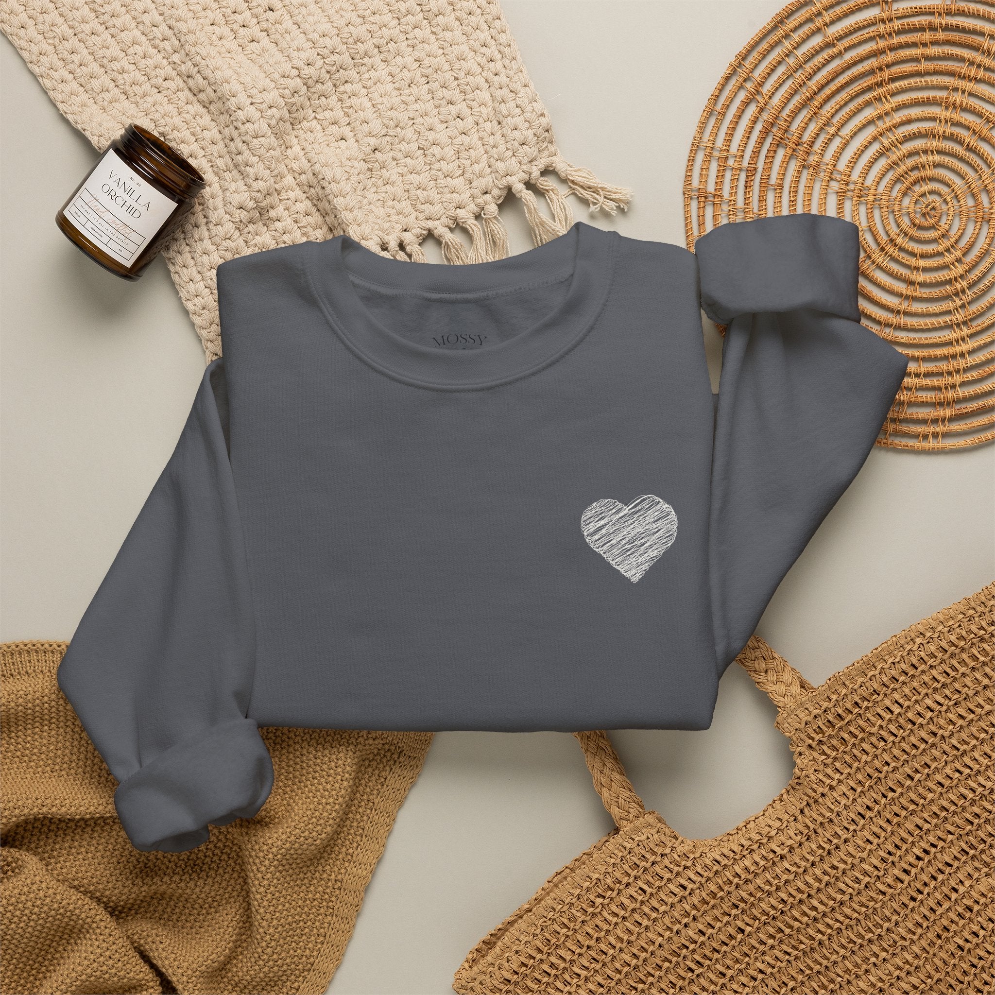 White Crewneck Sweatshirt with Small Gray Heart Chest Design