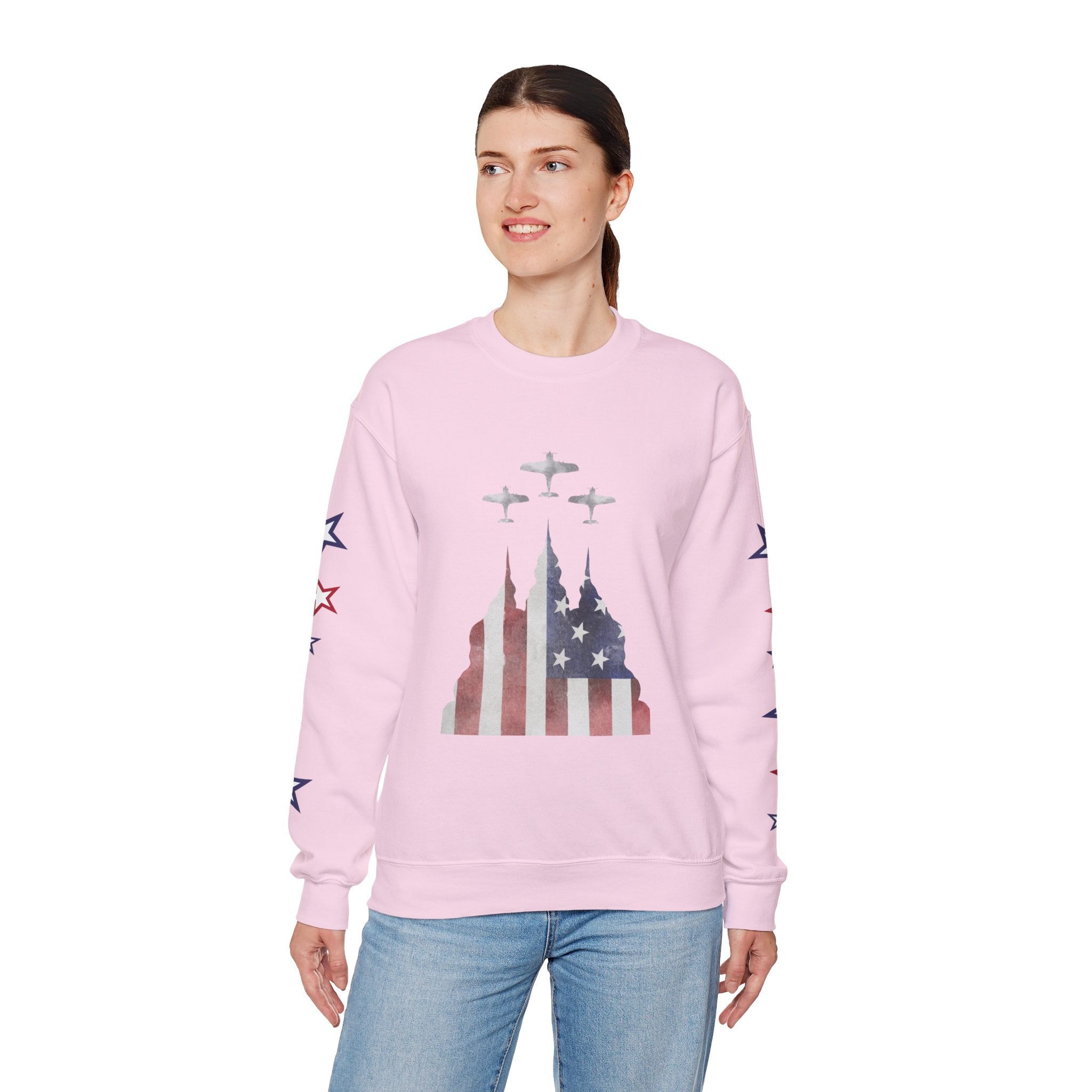 American Flag Castle Crewneck Sweatshirt — Patriotic Stars Sleeve Pullover