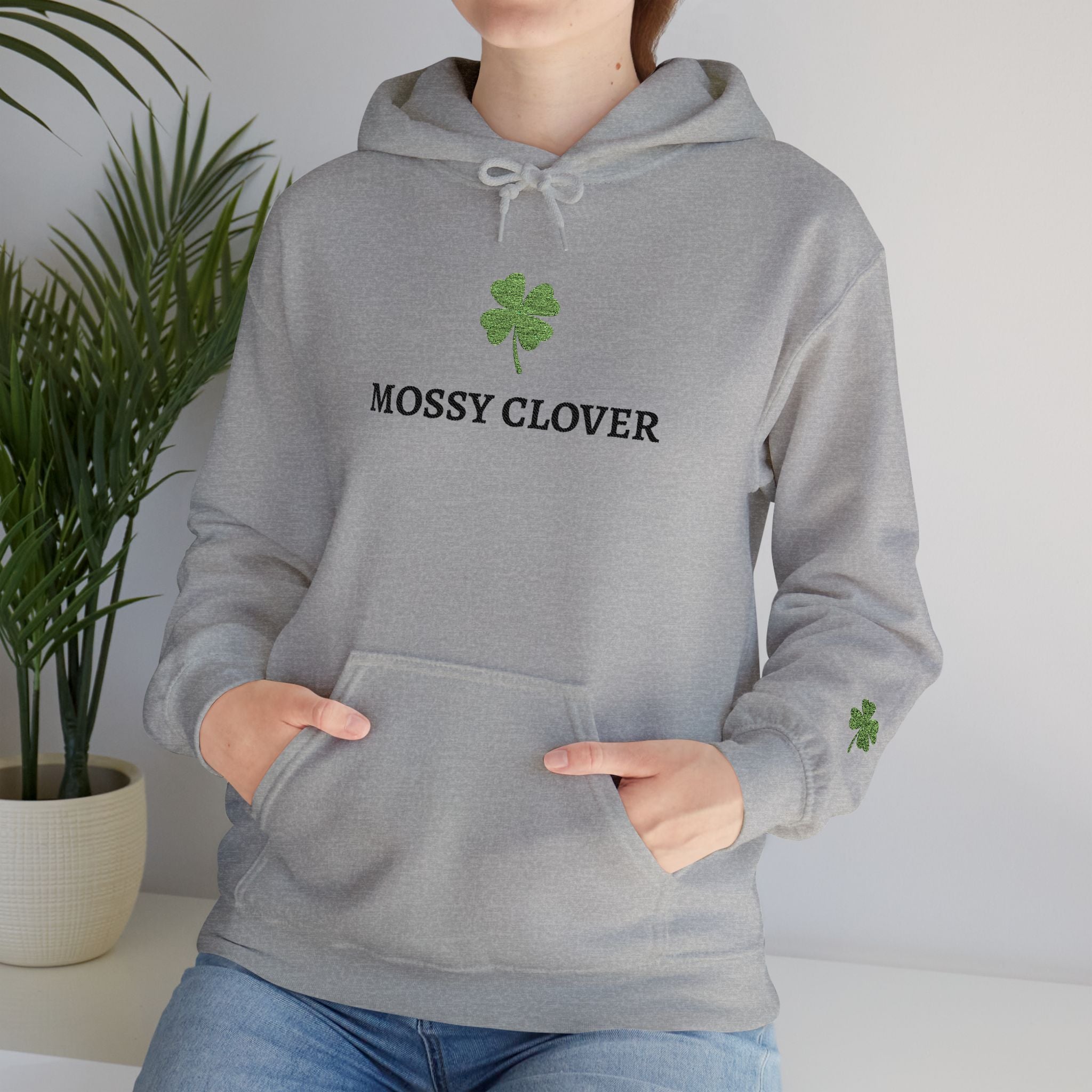 Mossy Clover Hoodie — Embroidered Green Four-Leaf Clover Graphic Pullover