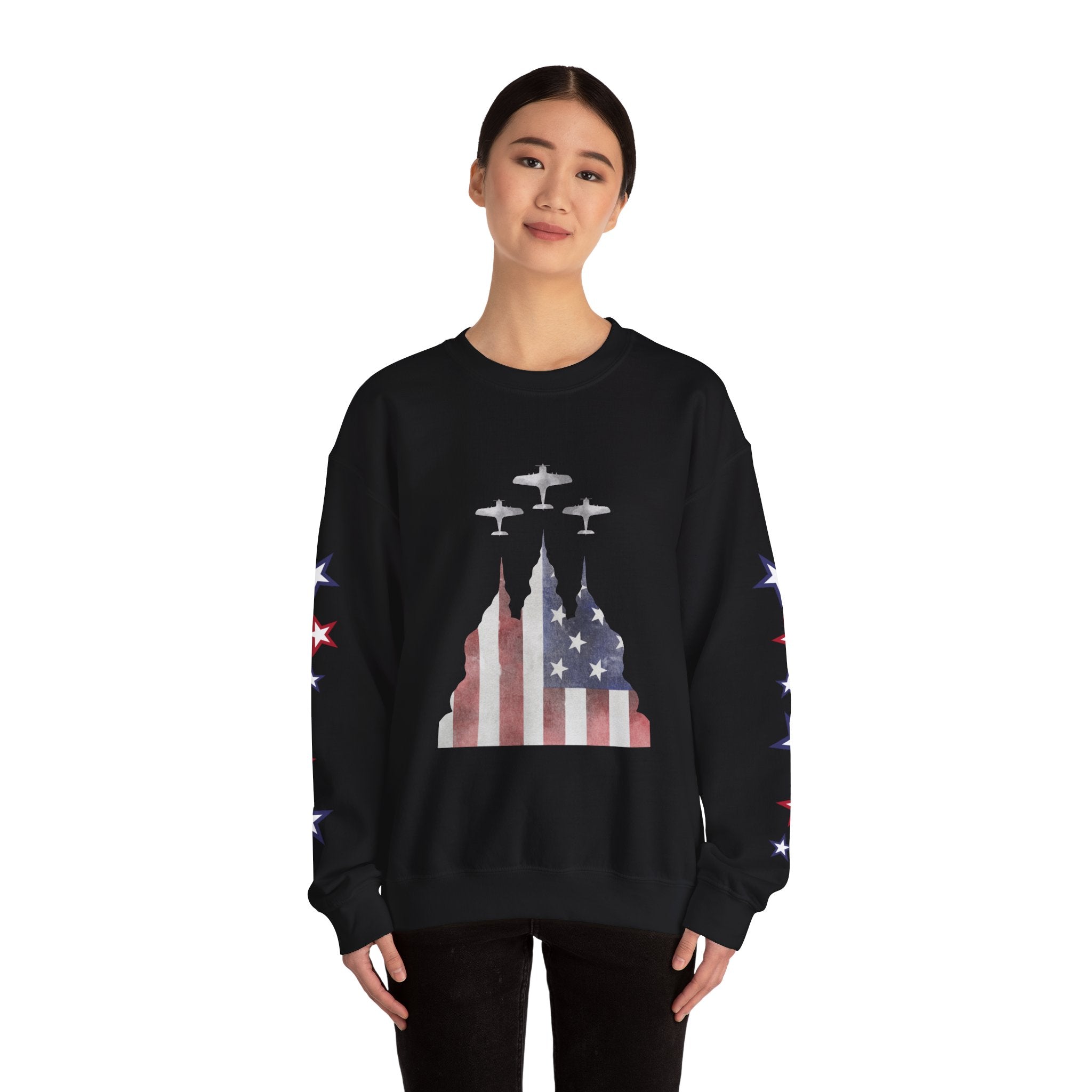 American Flag Castle Crewneck Sweatshirt — Patriotic Stars Sleeve Pullover