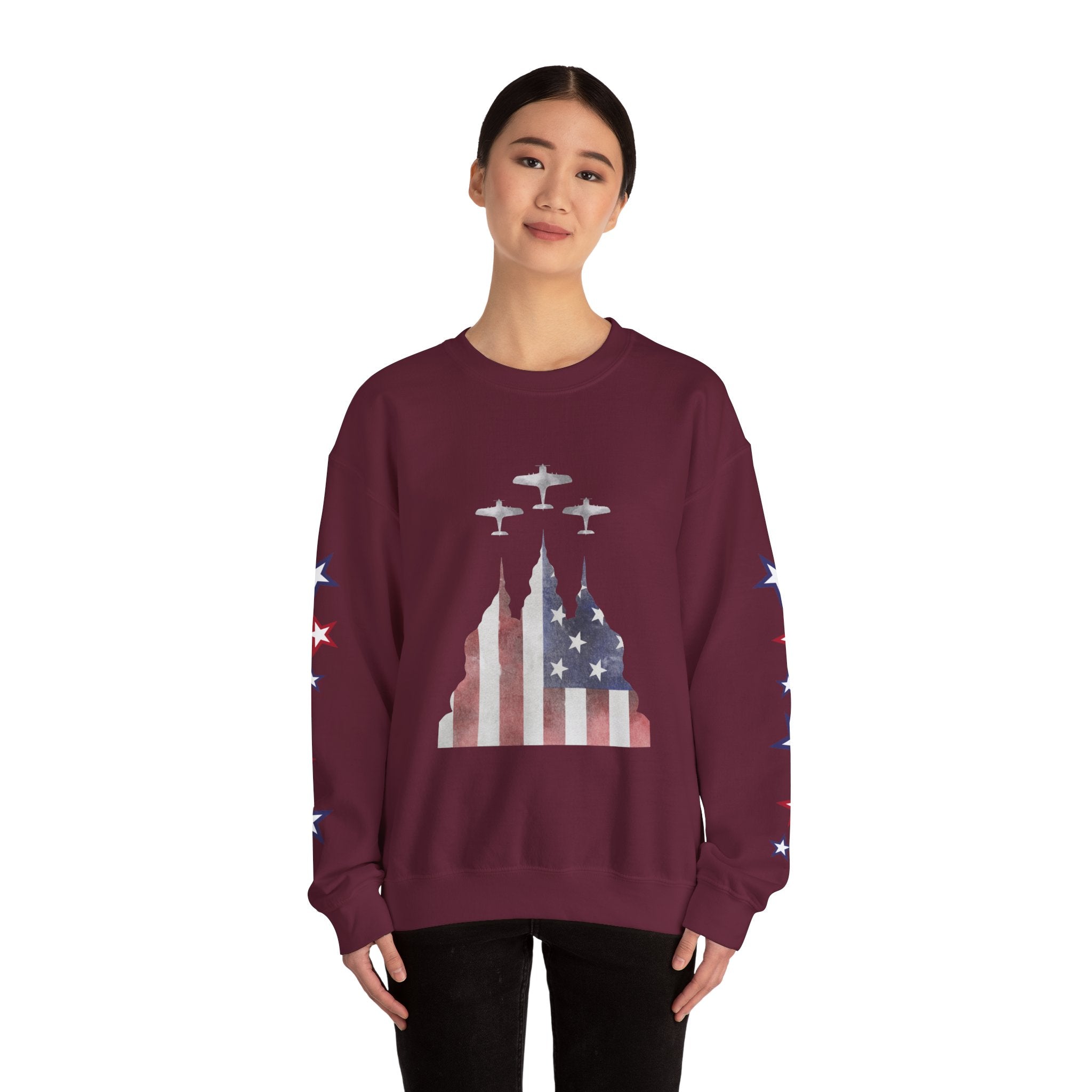 American Flag Castle Crewneck Sweatshirt — Patriotic Stars Sleeve Pullover