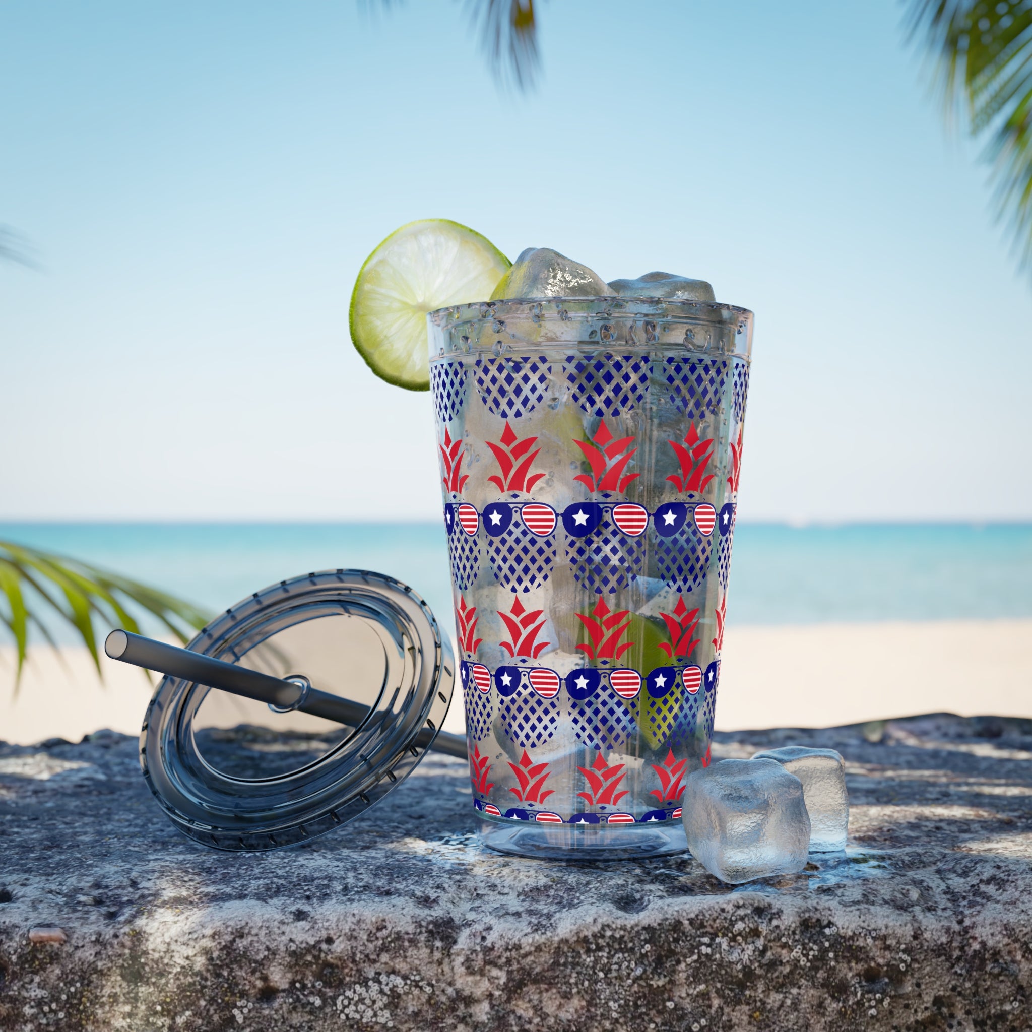 Patriotic Bow 16oz Tumbler with Straw — Red, White & Blue Stars Design