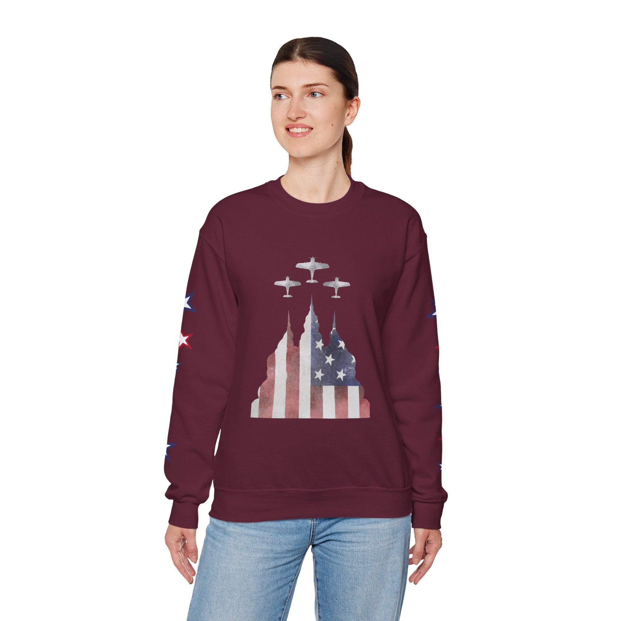 American Flag Castle Crewneck Sweatshirt — Patriotic Stars Sleeve Pullover