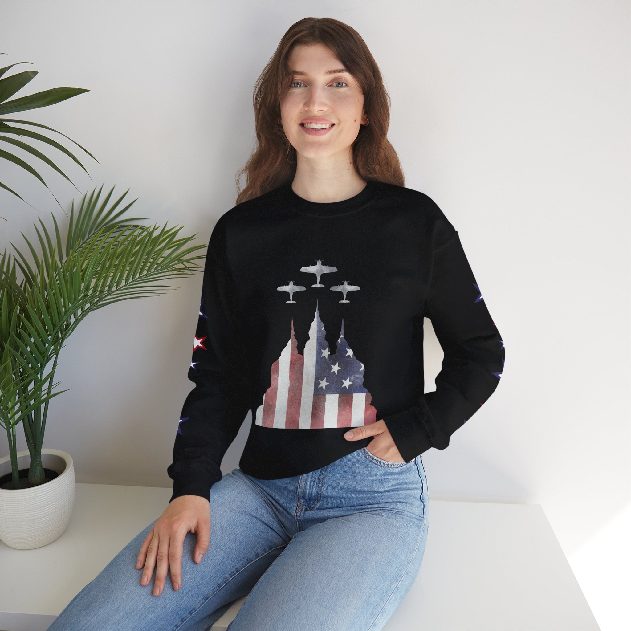 American Flag Castle Crewneck Sweatshirt — Patriotic Stars Sleeve Pullover