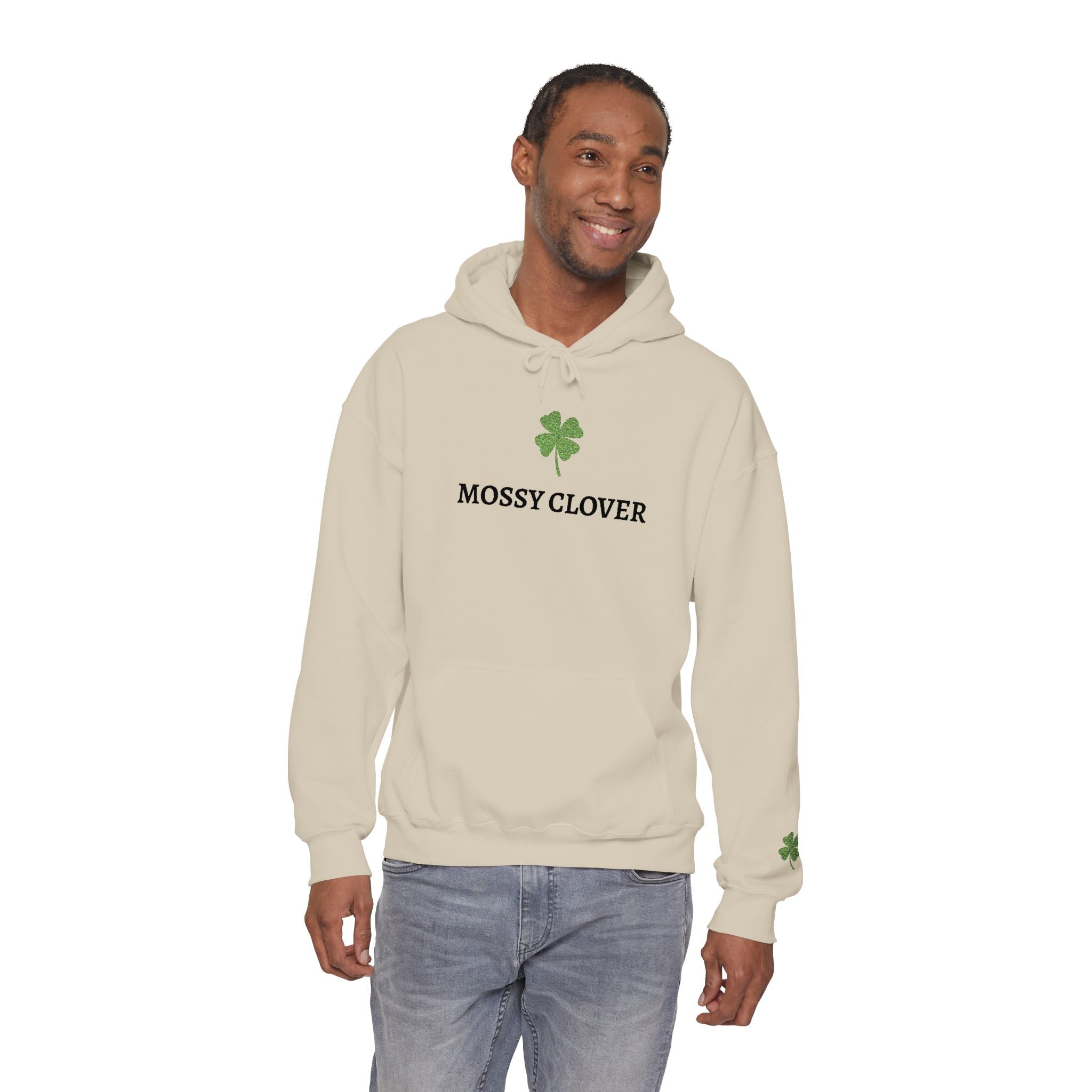 Mossy Clover Hoodie — Embroidered Green Four-Leaf Clover Graphic Pullover