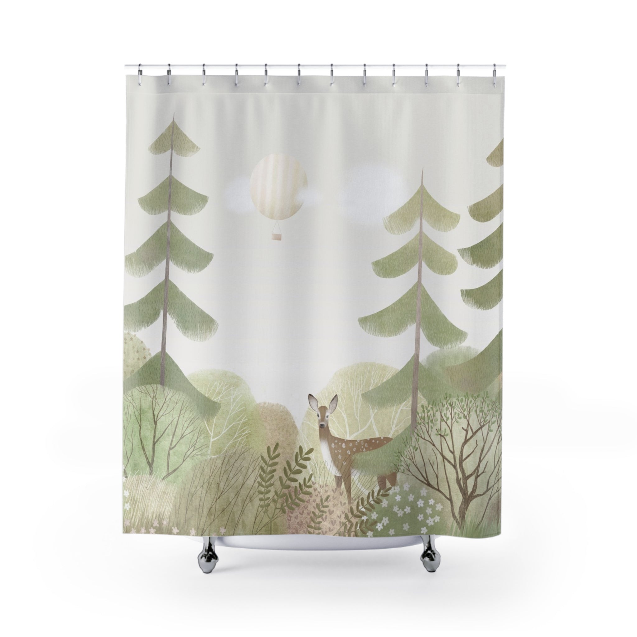 Woodland deer Shower Curtain – Soft Green Forest Bath Decor