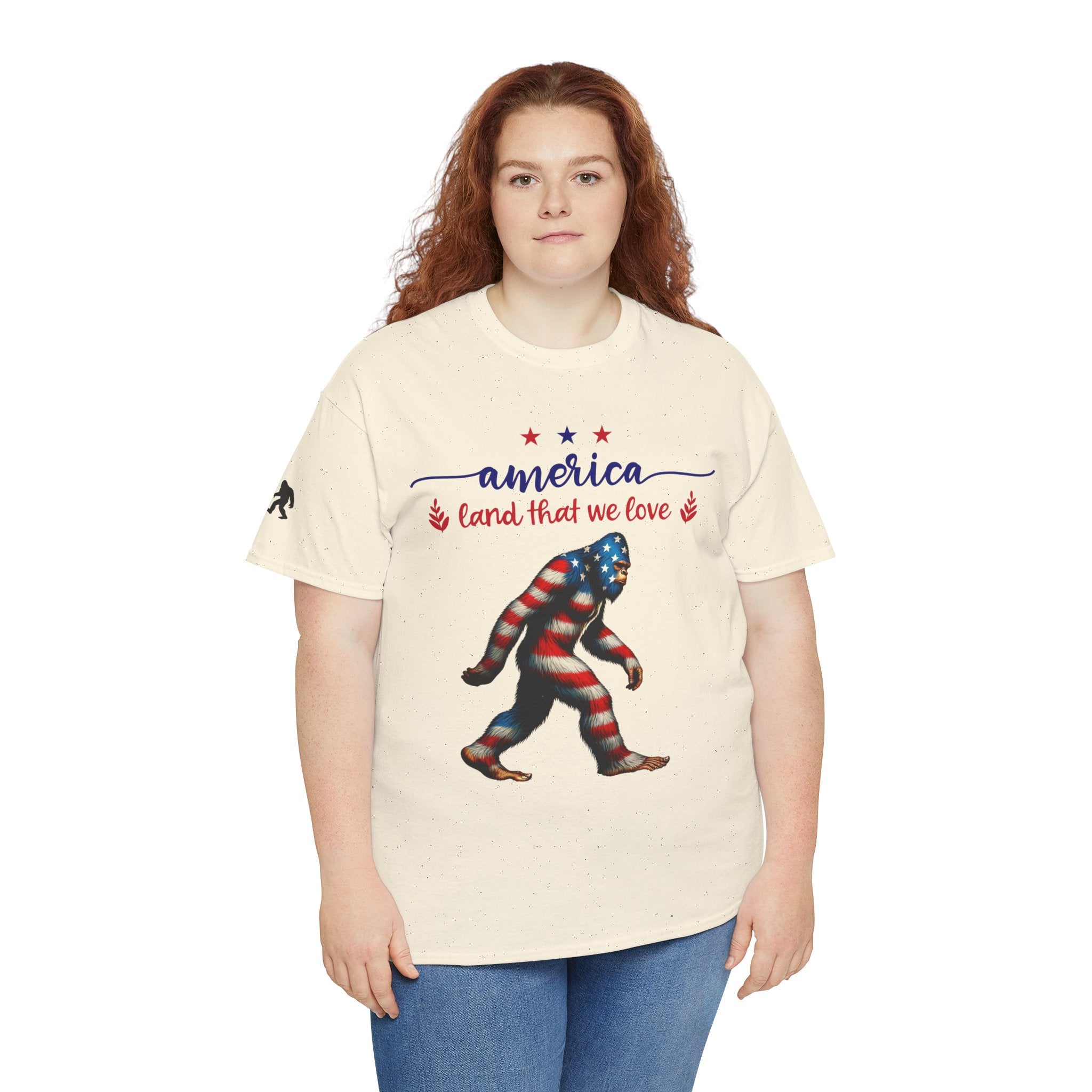 America “Land That We Love” Patriotic T‑Shirt — Flag Sasquatch Graphic Tee