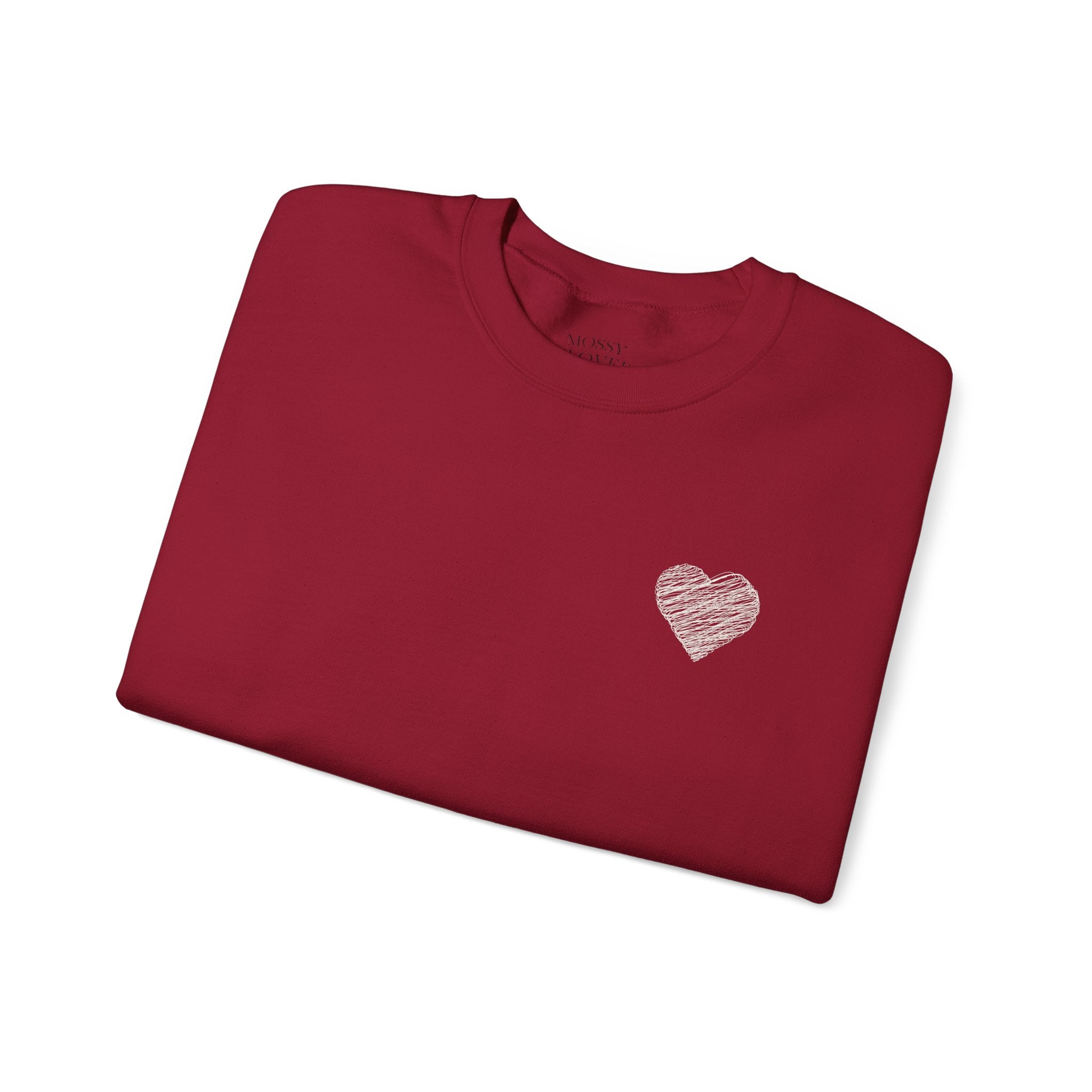 White Crewneck Sweatshirt with Small Gray Heart Chest Design