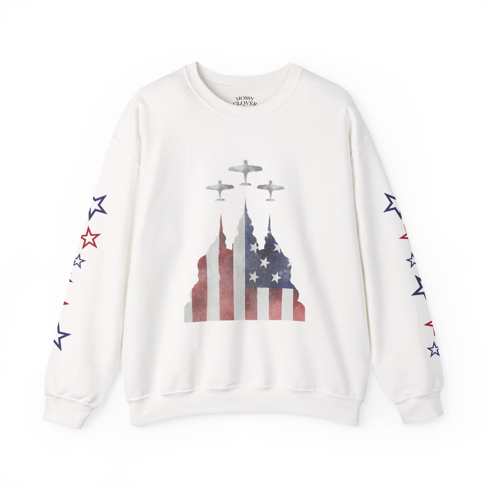 American Flag Castle Crewneck Sweatshirt — Patriotic Stars Sleeve Pullover