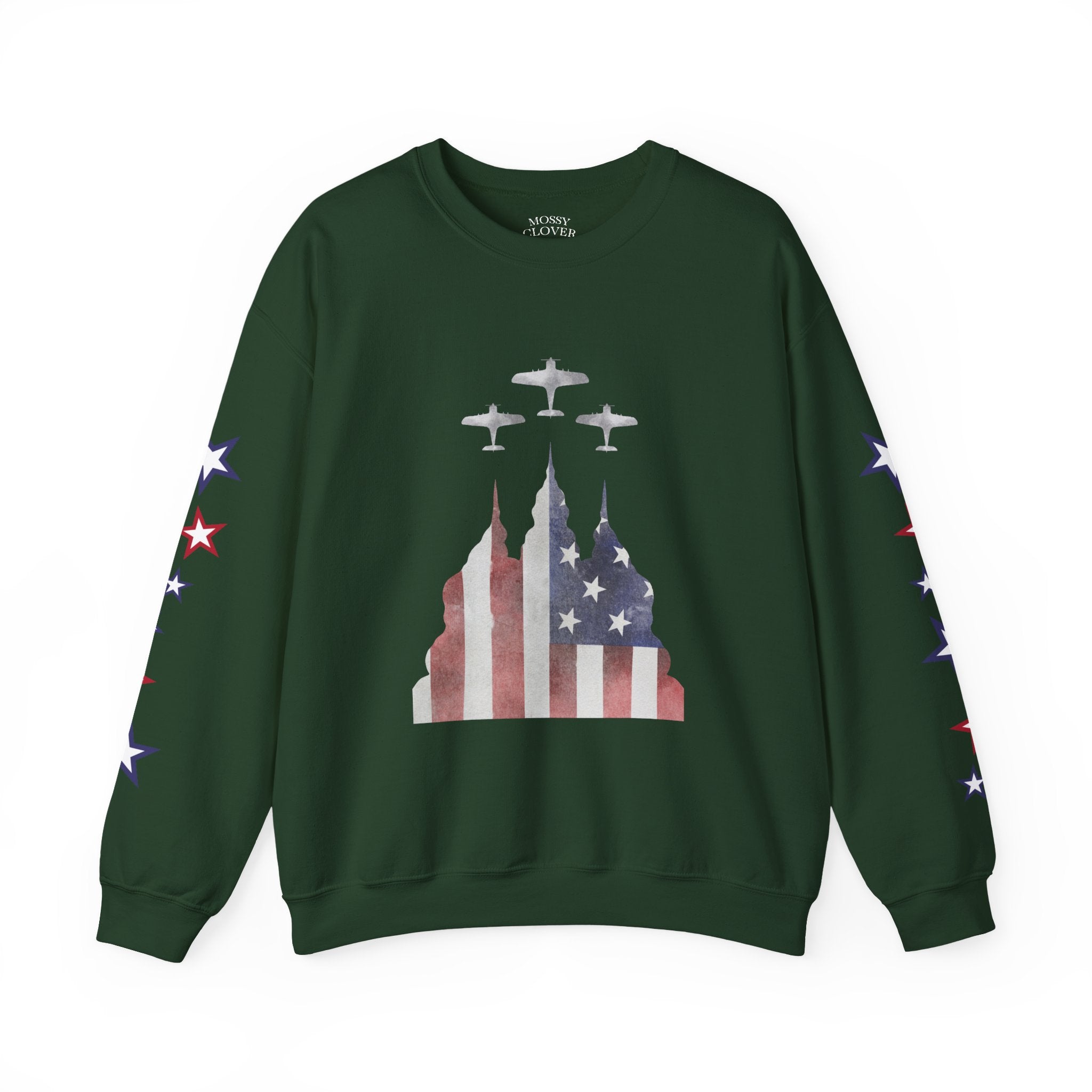 American Flag Castle Crewneck Sweatshirt — Patriotic Stars Sleeve Pullover