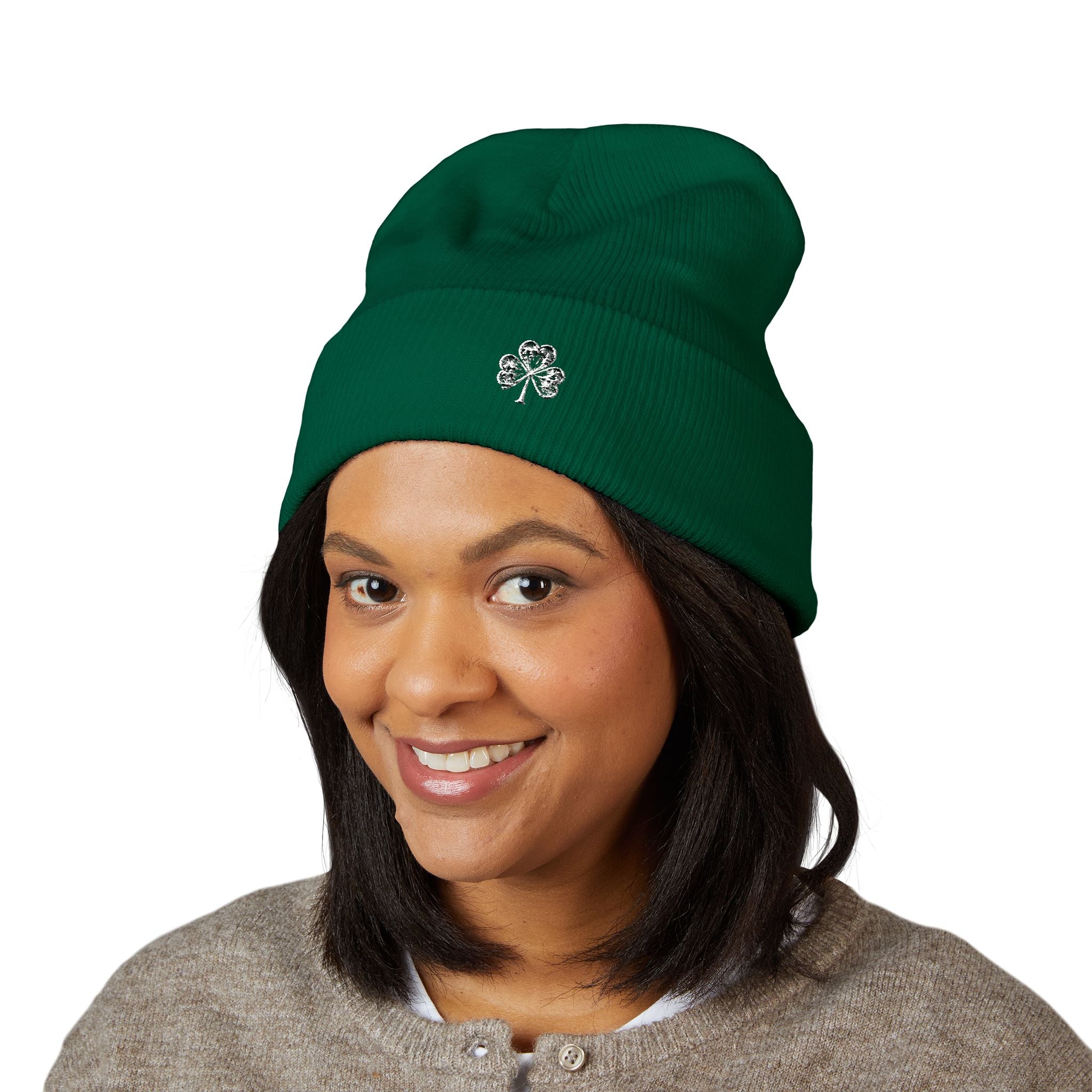 Embroidered Mossy Clover Cuffed Beanie