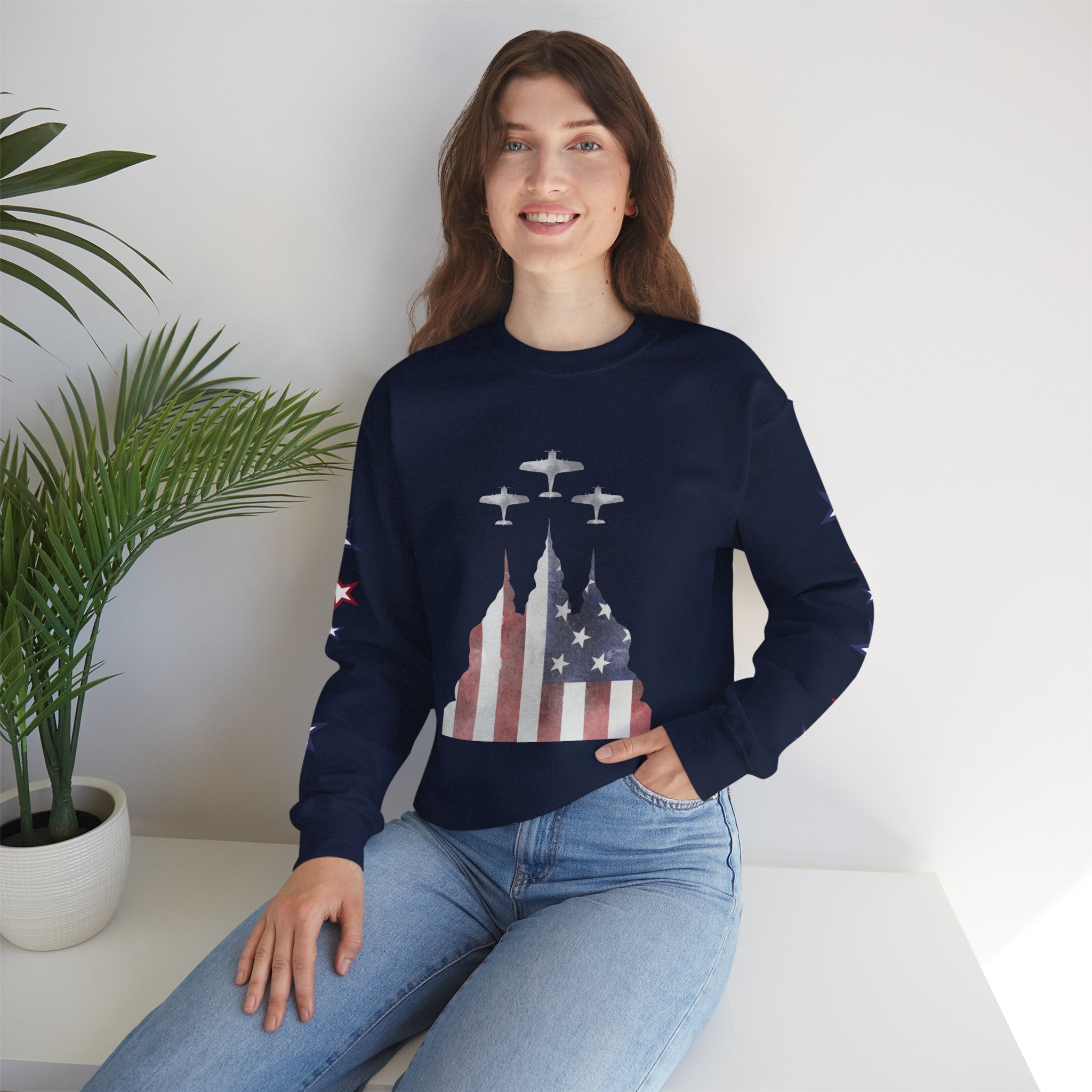 American Flag Castle Crewneck Sweatshirt — Patriotic Stars Sleeve Pullover