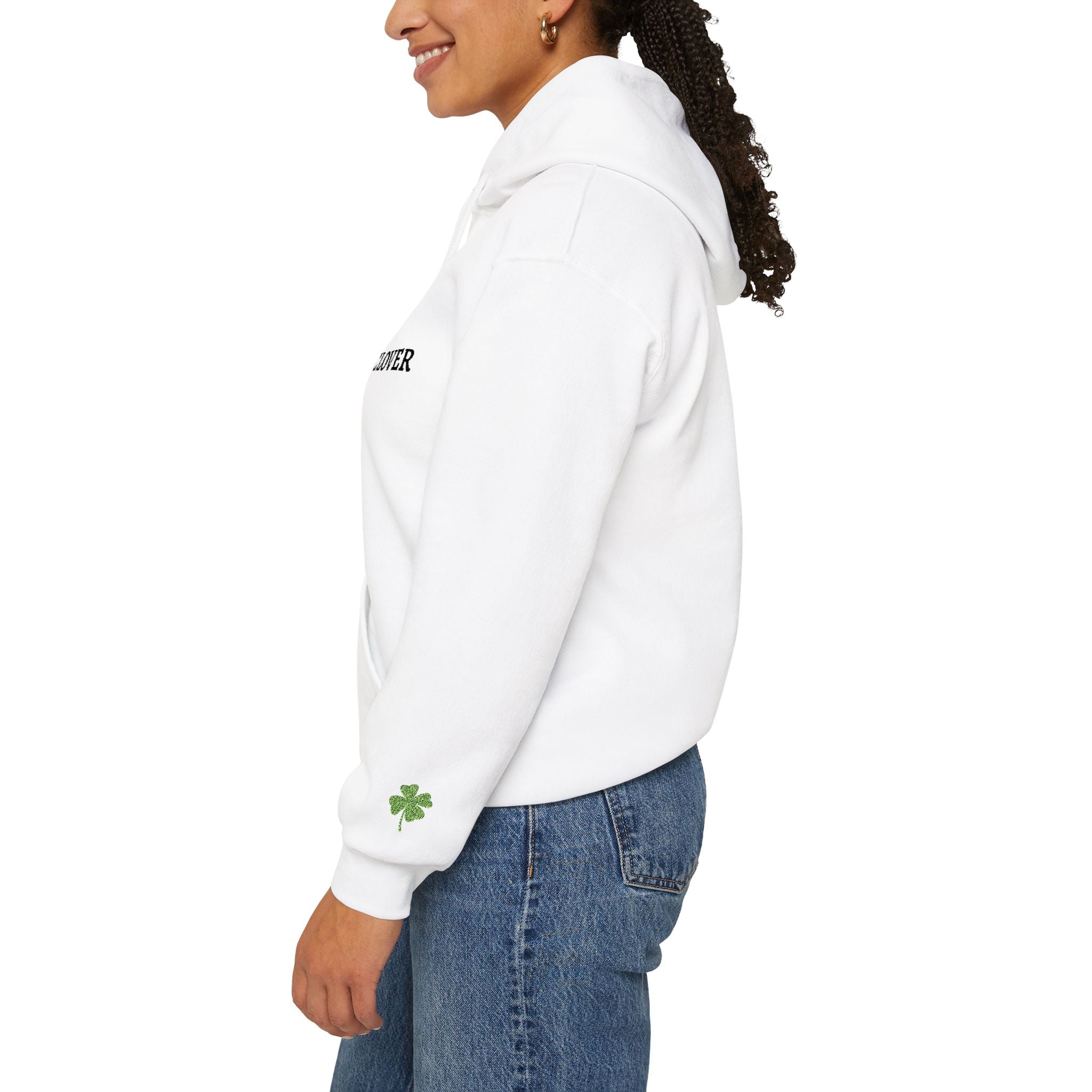 Mossy Clover Hoodie — Embroidered Green Four-Leaf Clover Graphic Pullover