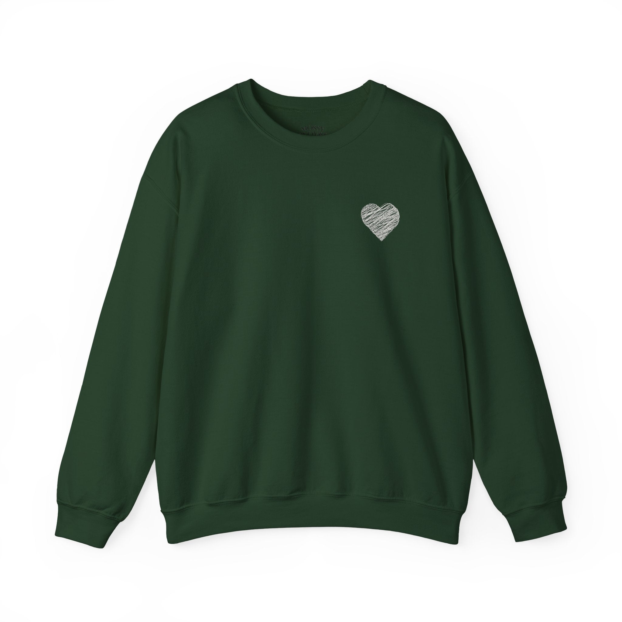 White Crewneck Sweatshirt with Small Gray Heart Chest Design