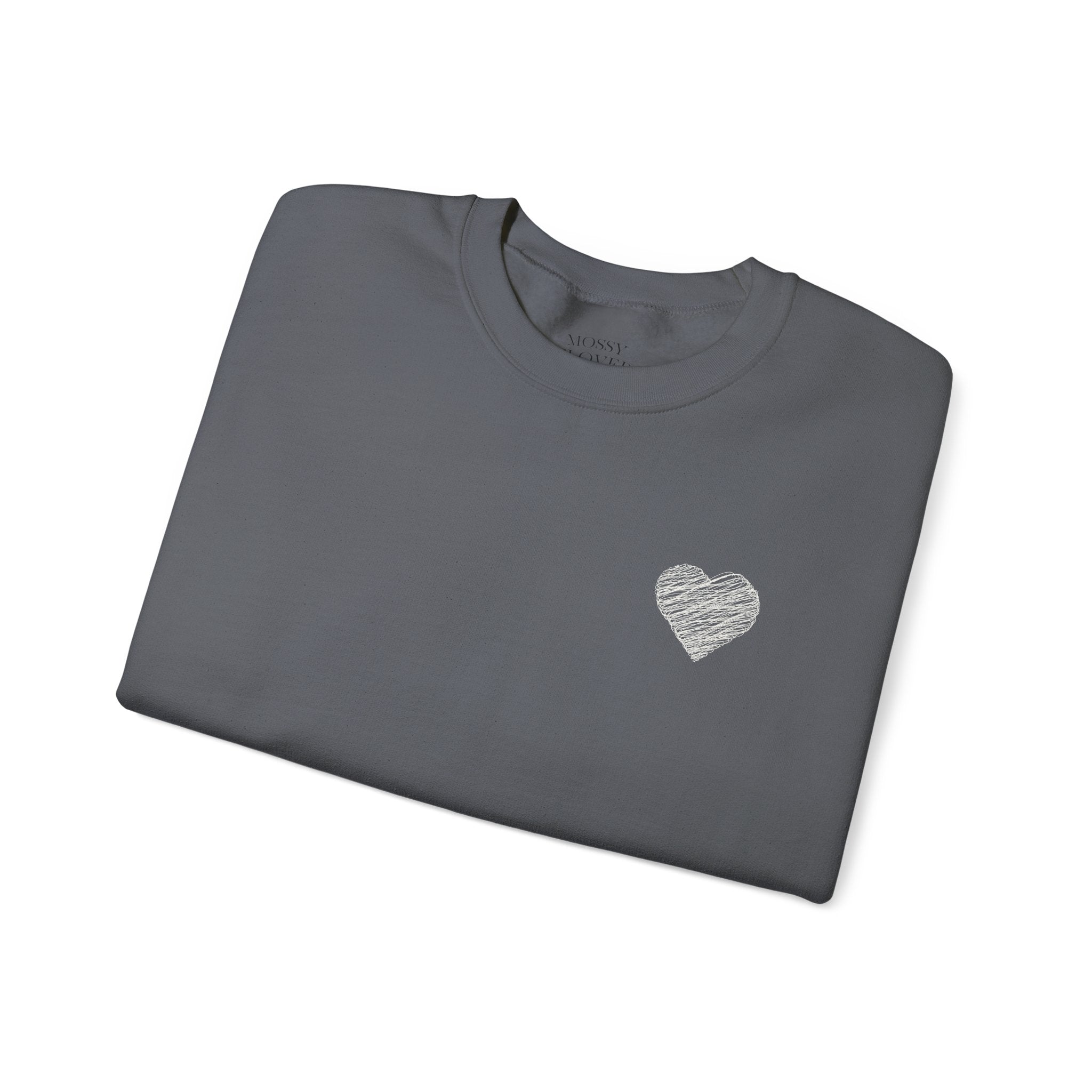 White Crewneck Sweatshirt with Small Gray Heart Chest Design