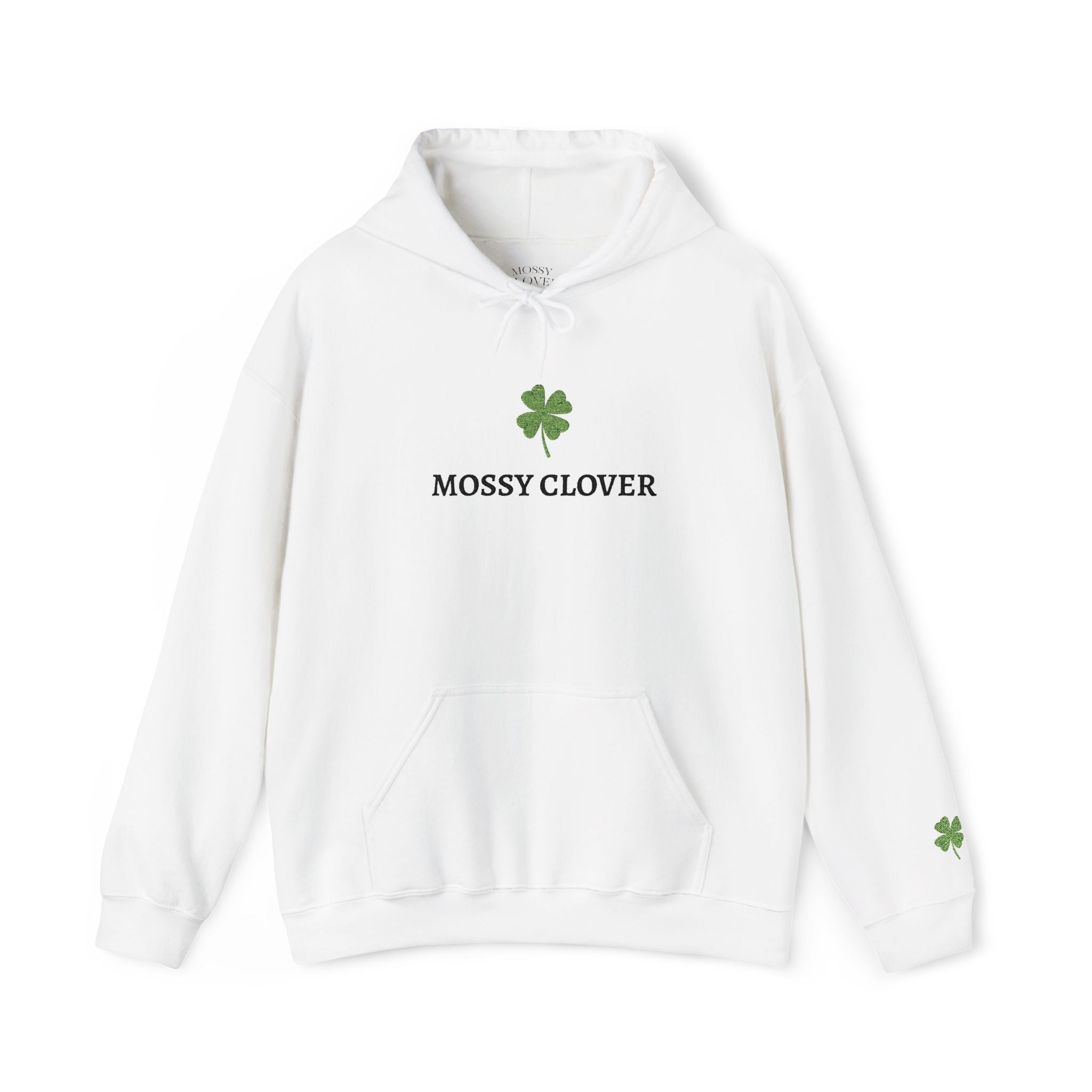 Mossy Clover Hoodie — Embroidered Green Four-Leaf Clover Graphic Pullover