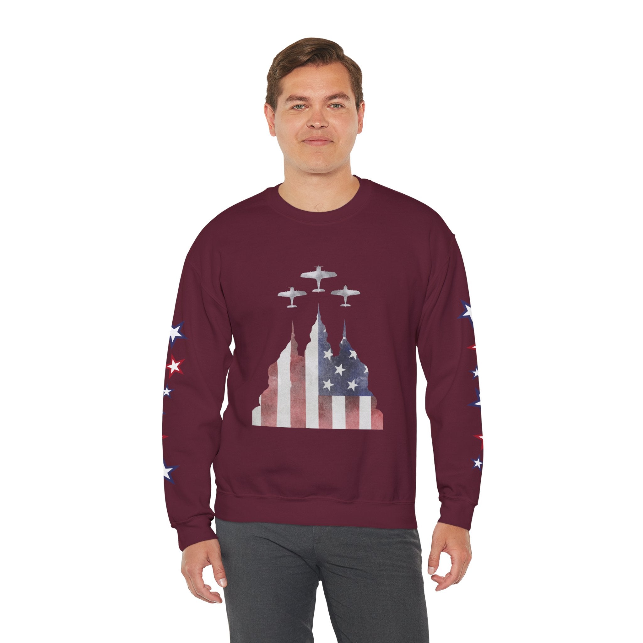 American Flag Castle Crewneck Sweatshirt — Patriotic Stars Sleeve Pullover