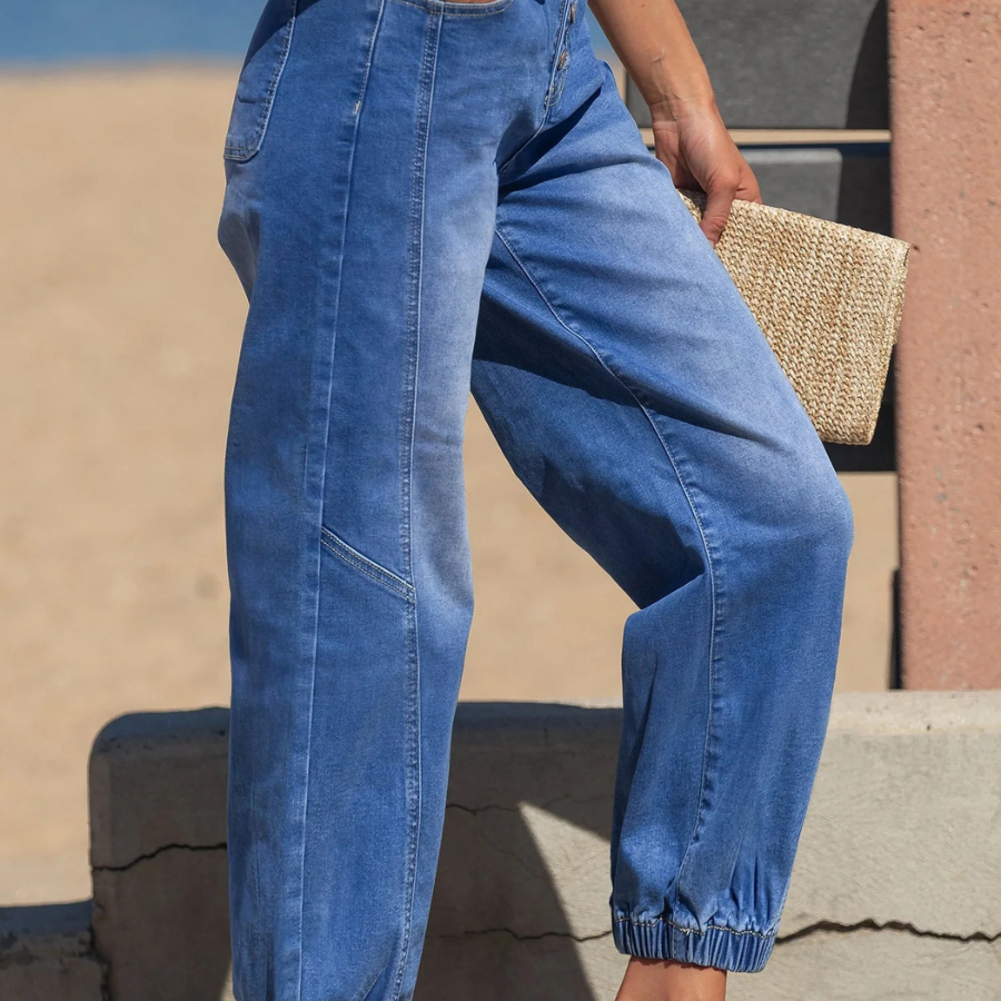 Denim Buttoned Fly Tapered Barrel Leg Jeans