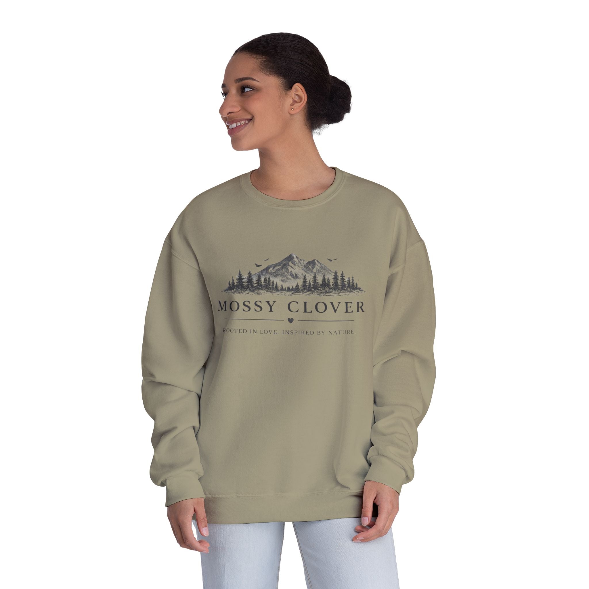 Mossy Clover Mountain Crewneck Sweatshirt — Rustic Nature Graphic Pullover