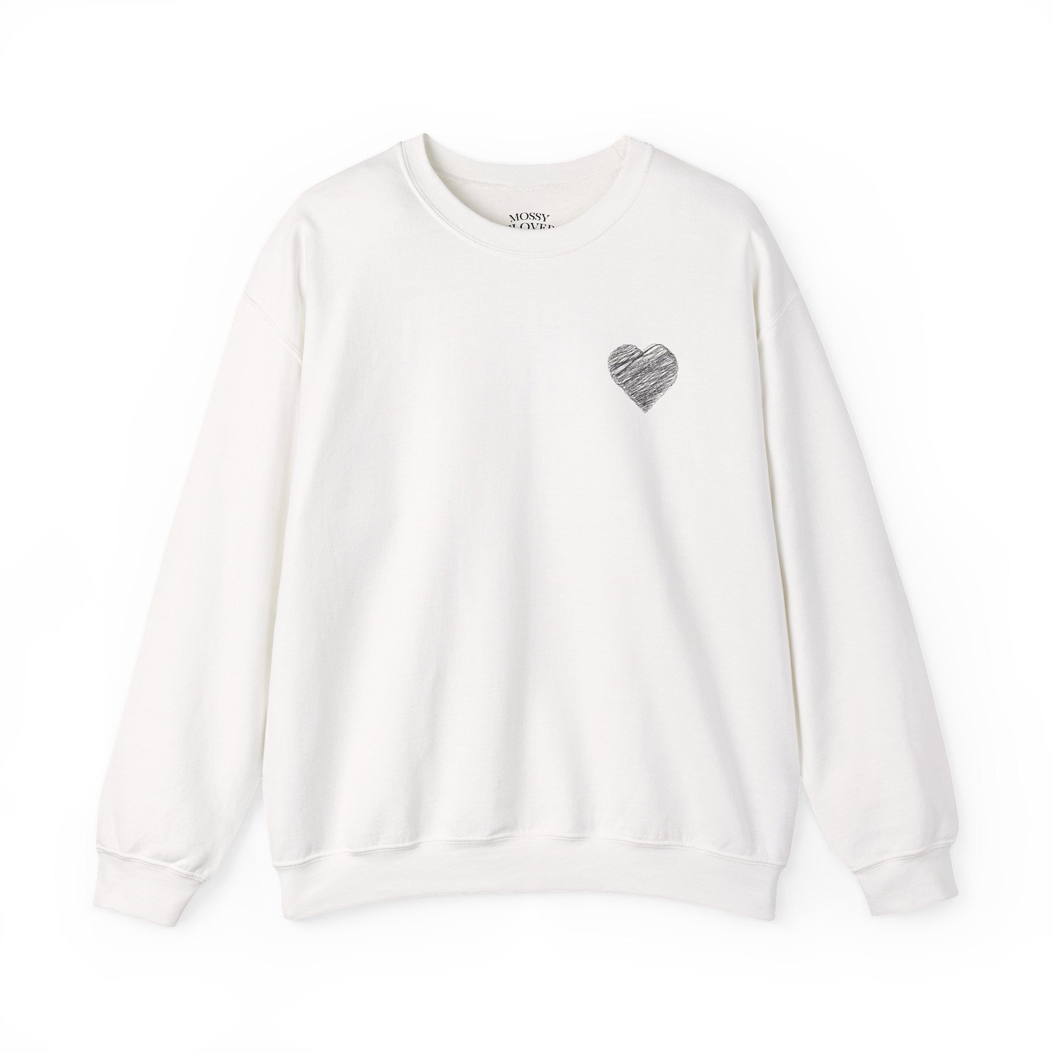 White Crewneck Sweatshirt with Small Gray Heart Chest Design