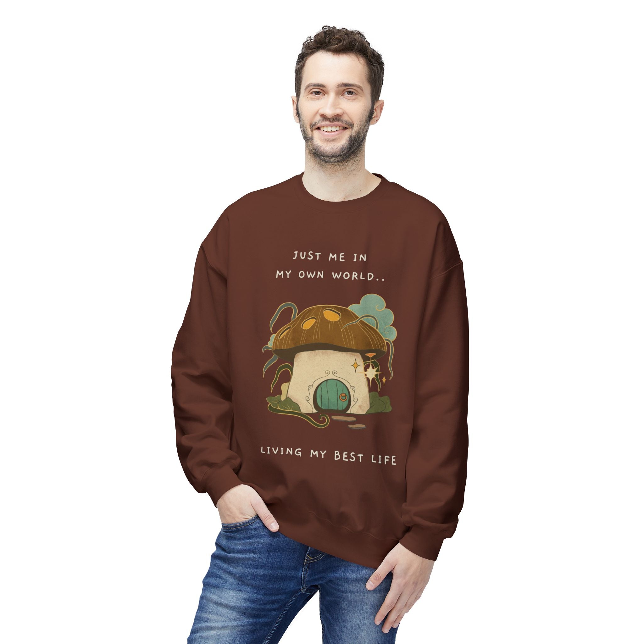 Cozy Mushroom House Sweatshirt — "Just Me In My Own World, Living My Best Life" Crewneck