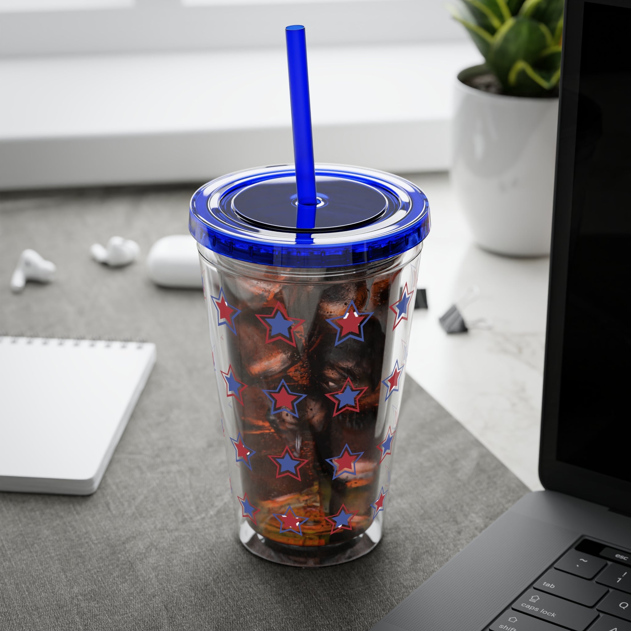 Patriotic Bow 16oz Tumbler with Straw — Red, White & Blue Stars Design