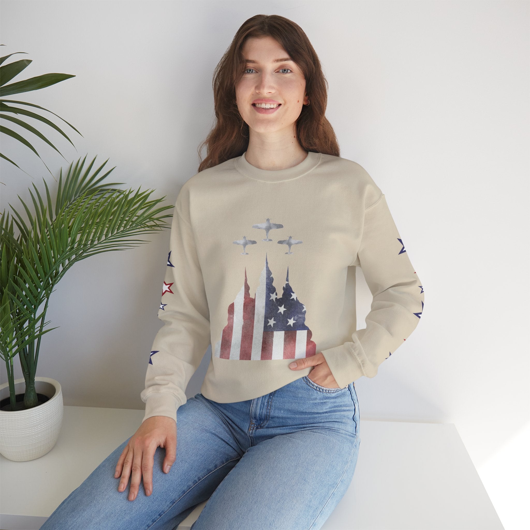 American Flag Castle Crewneck Sweatshirt — Patriotic Stars Sleeve Pullover