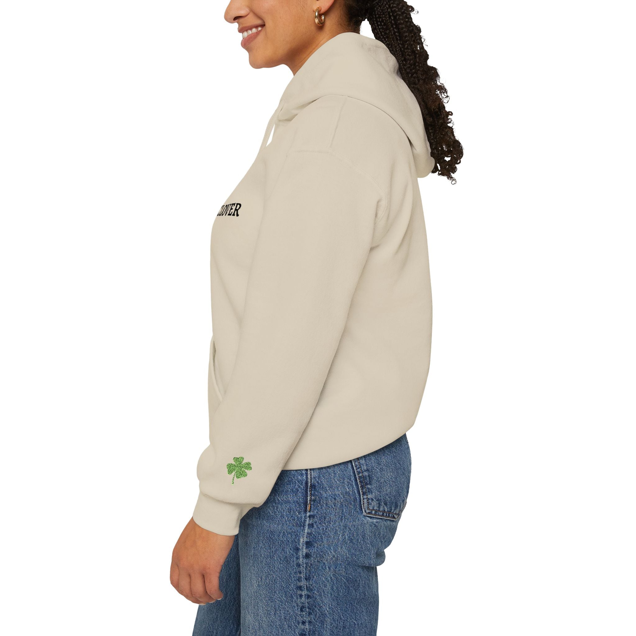 Mossy Clover Hoodie — Embroidered Green Four-Leaf Clover Graphic Pullover
