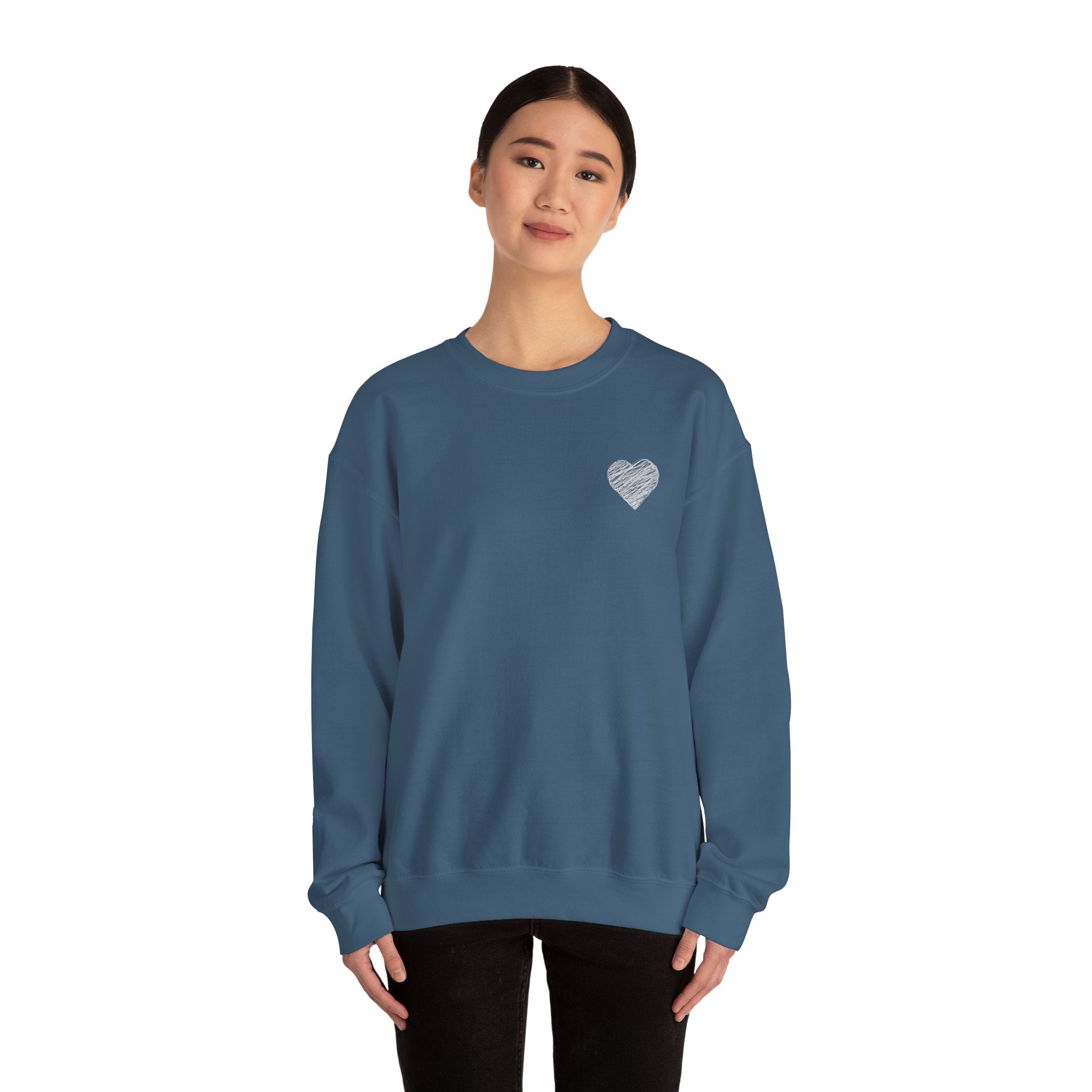 White Crewneck Sweatshirt with Small Gray Heart Chest Design