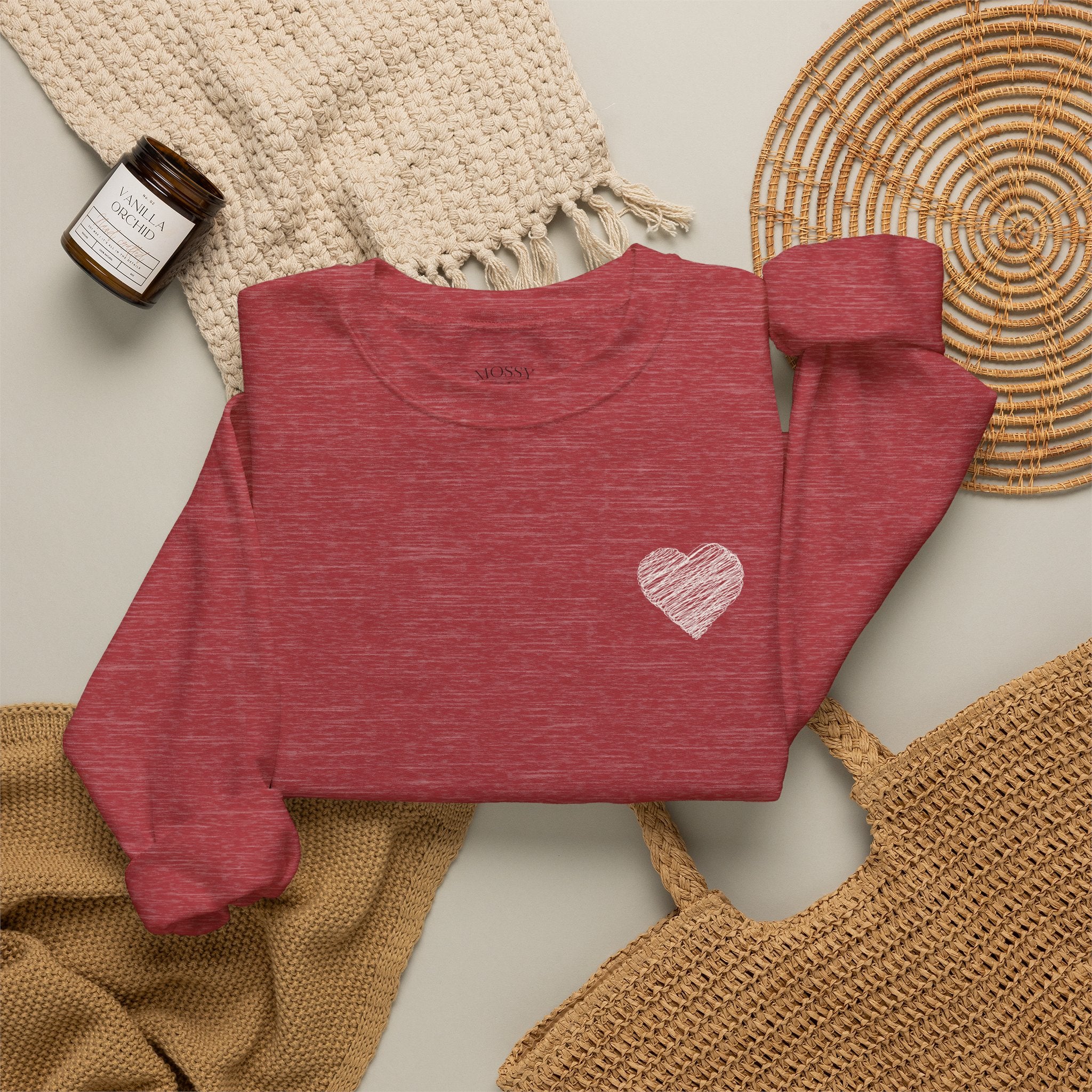White Crewneck Sweatshirt with Small Gray Heart Chest Design