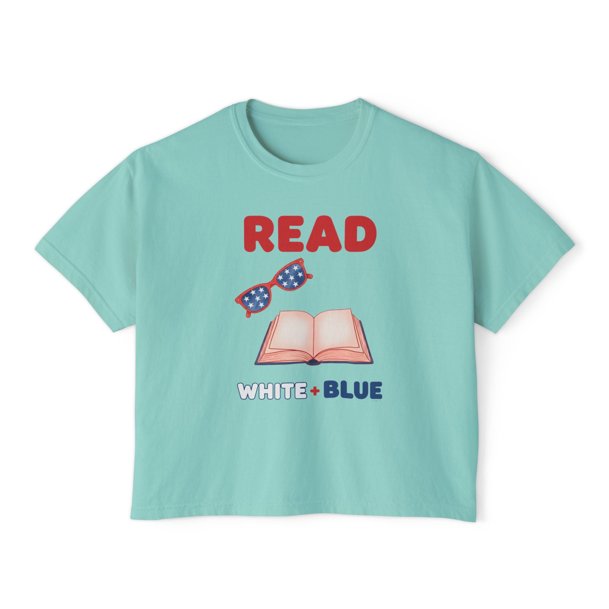 Women's Boxy Tee — "READ White + Blue" Patriotic Book Lover Shirt
