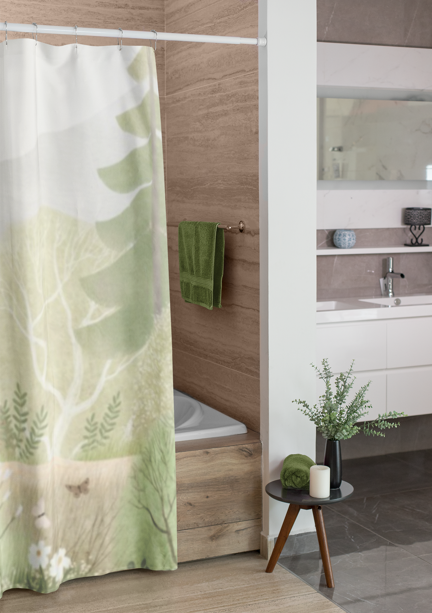 Forest Meadow Shower Curtain — Soft Green Woodland Deer Bathroom Decor