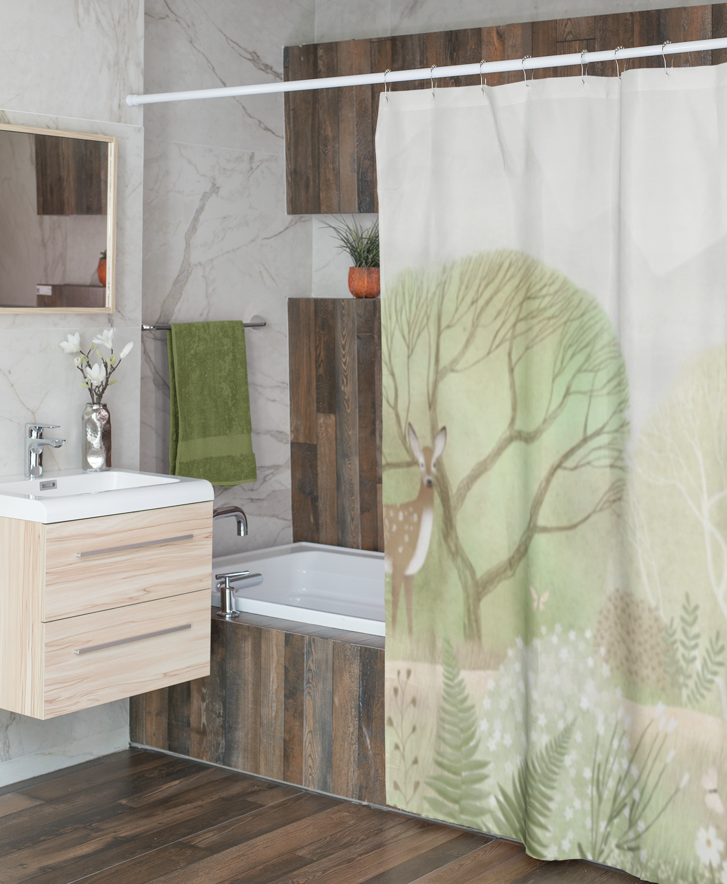 Forest Meadow Shower Curtain — Soft Green Woodland Deer Bathroom Decor