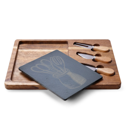 Personalized Engraved Charcuterie Board with Slate Insert & Cheese Knives