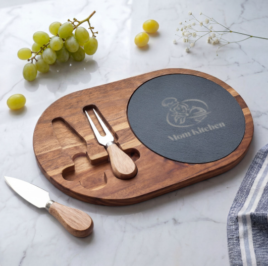 Personalized Engraved Charcuterie Board with Slate Insert & Cheese Knives
